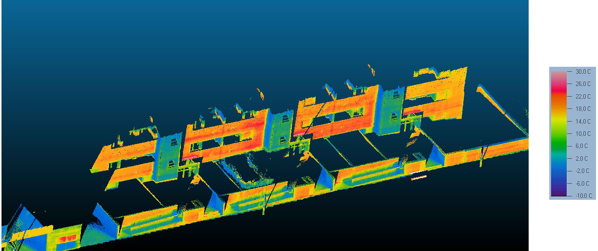 Detail of thermographic point cloud, oblique aerial view. A lack of insulation is detected in this set of buildings, due to the higher temperature of the main façades (in orange) which are in contact with heated indoor spaces, with respect to the stairs shafts (in blue). What is more, the contacts between floor slab and interior walls and the façade (in red), are areas where heat is easily lost, thus constituting thermal bridges.
