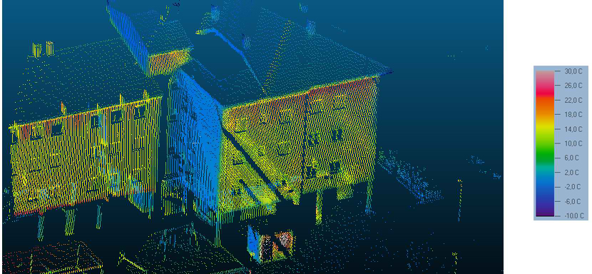 Detail of thermographic point cloud where the heat accumulation in the upper parts of the building can be detected due to the progressive temperature pattern: from lower temperatures (blue, green) to higher temperatures (orange, red).