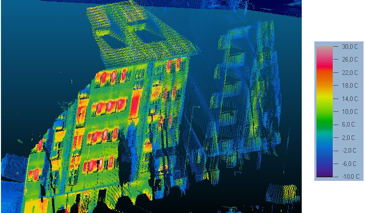 Detail of a thermographic point cloud, where the severe heat loss through the windows and the elevator shaft is clearly visible due to the high temperature of the surface (in red).