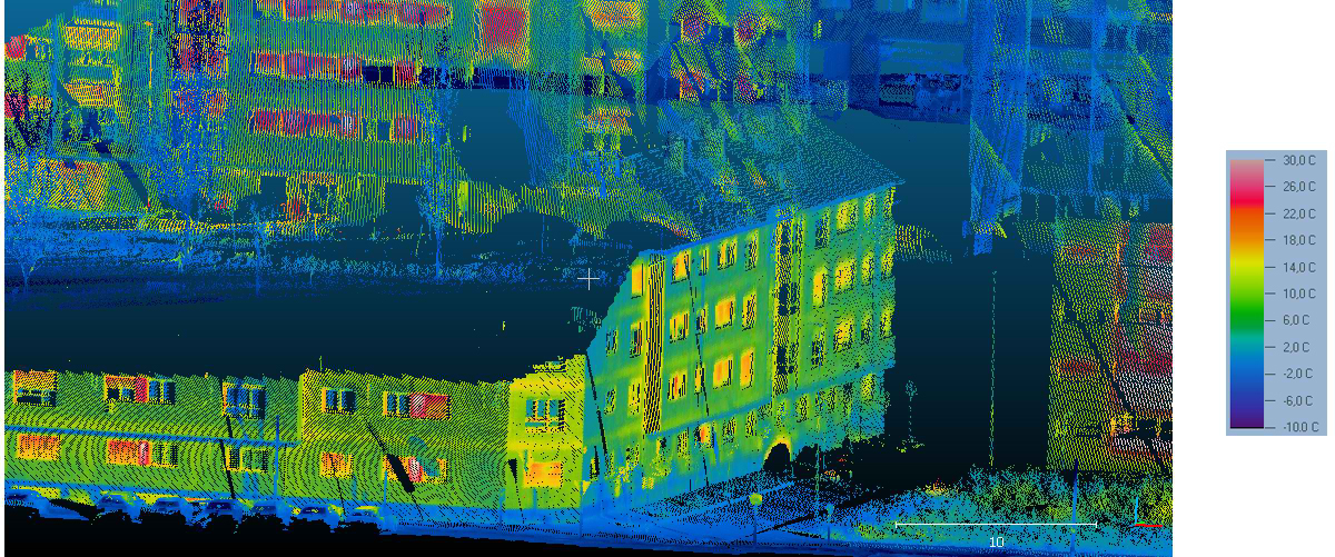 Detail of thermographic point cloud, focusing on a building with noticeable thermal bridges in the union between floor slabs and the main façade, due to their high temperature (in yellow) in comparison with the façade.