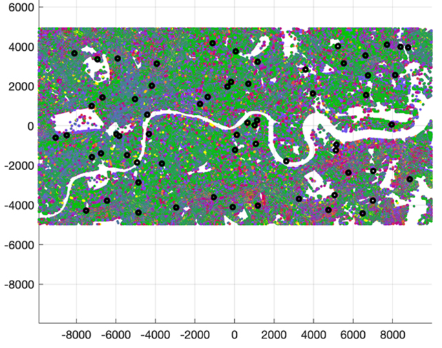 Location of the 64 reference areas. Axes show extent of the area in meters.