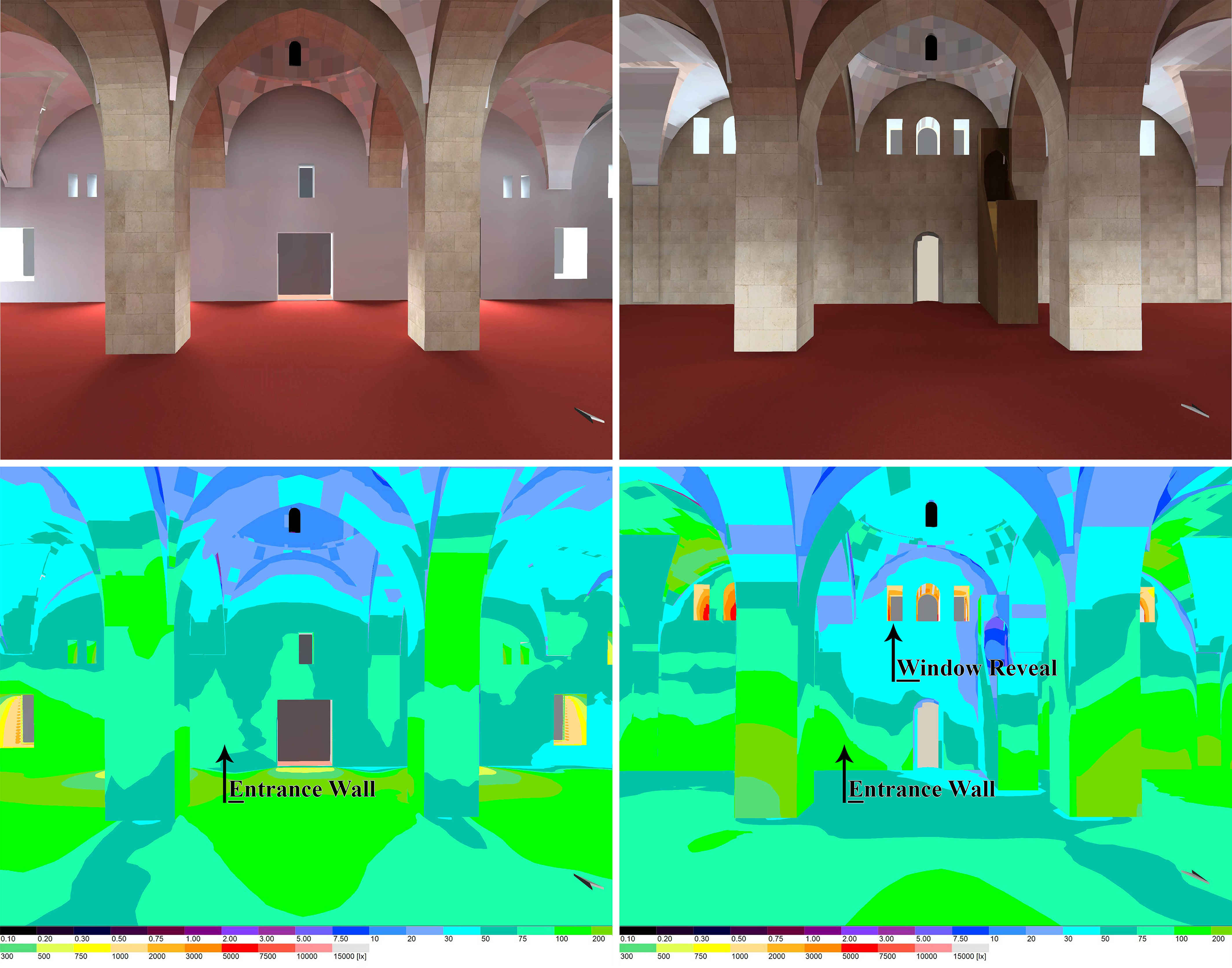 Contrast between the northern wall, entrance wall, and southern wall, Minbar and Miḥrab wall, effect of the thick window’s reveal reflecting high daylight level. (Al-Ẓuhr, spring, clear sky).