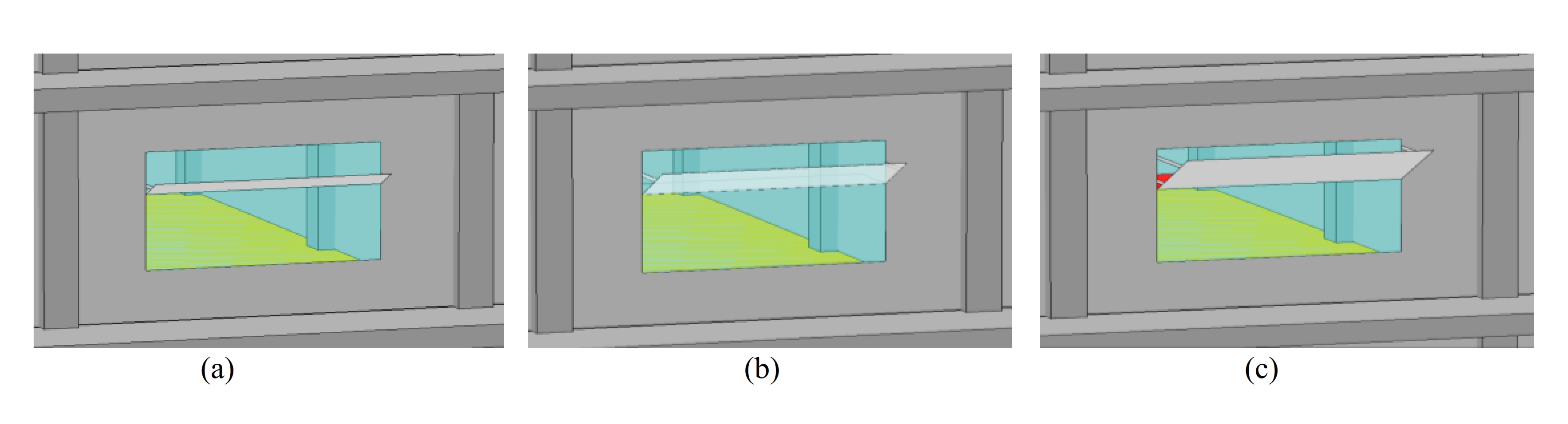 3D view of the North orientation light shelf model: (a) interior-exterior light shelf 50 cm; (b) interior-exterior light shelf 100 cm; and (c) interior-exterior light shelf 150 cm.