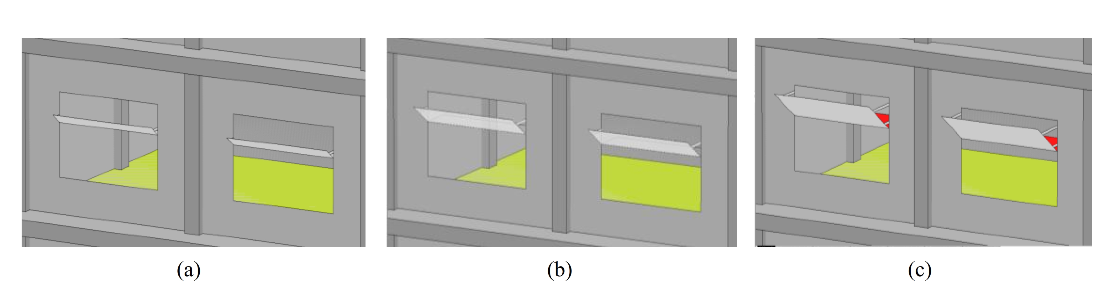 3D view of the South orientation light shelf model: (a) interior-exterior light shelf 50 cm; (b) interior-exterior light shelf 100 cm; and (c) interior-exterior light shelf 150 cm.