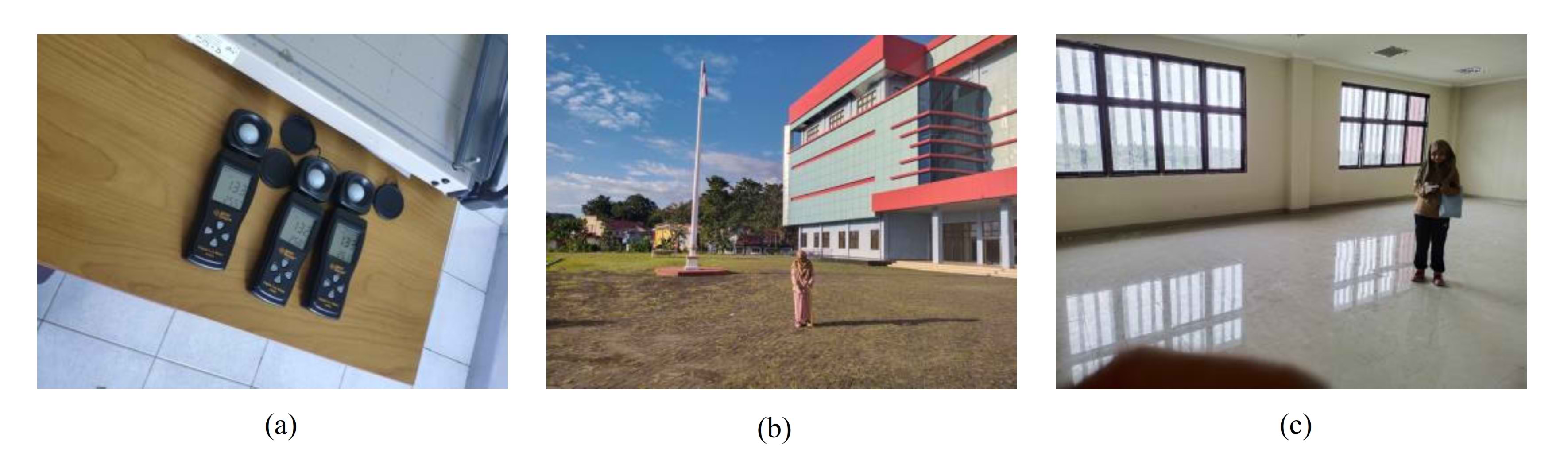 (a) Digital lux meter calibration process; (b) measurement process in the field; and (c) indoor measurement process.