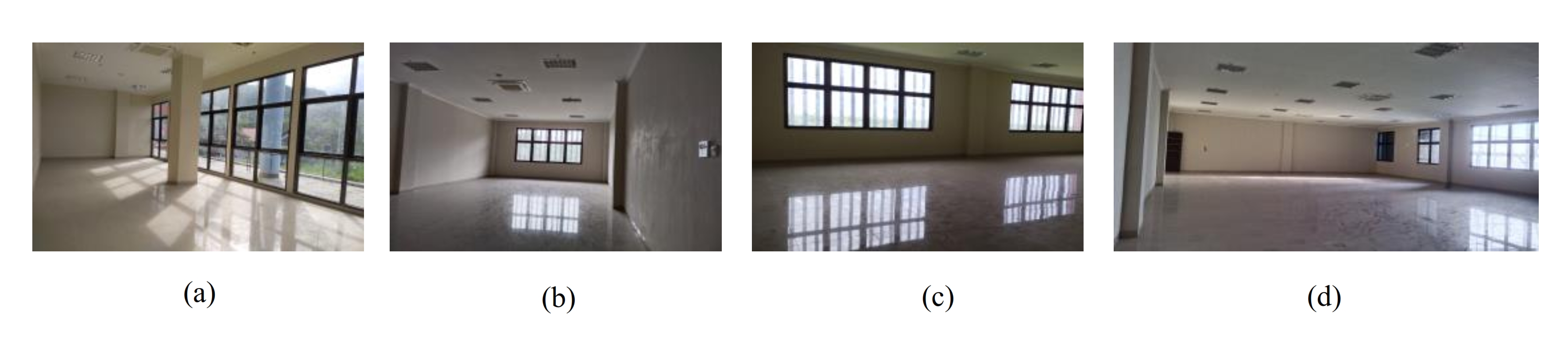 Daylight condition in the building: (a) The existing conditions of the East side department room in the morning; (b) the North side classroom during the day; (c) The Southside classroom during the day; and (d) The West side classroom in the afternoon.