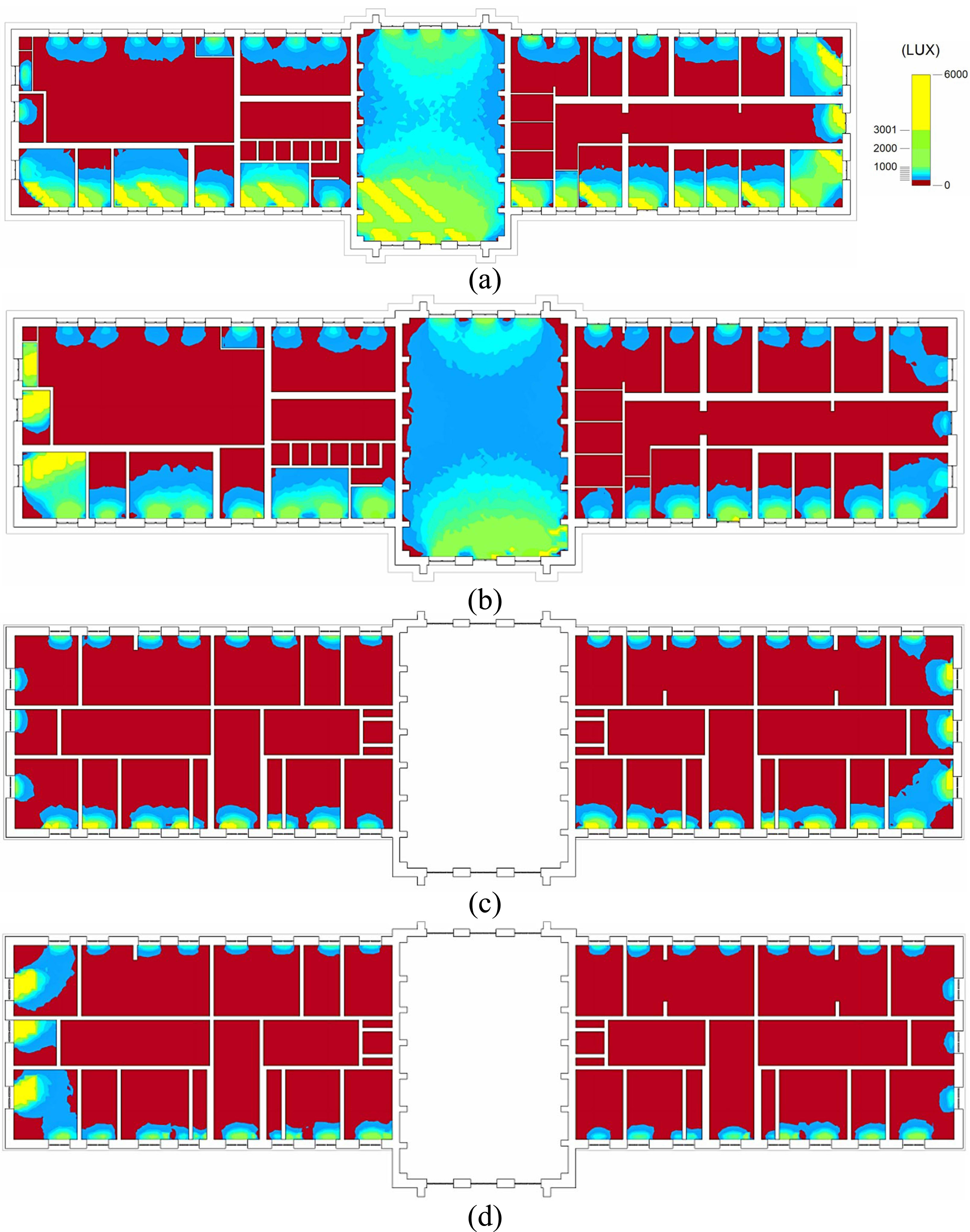 (a) Ground floor plan at 09:00 (b) Ground floor plan at 15:00 (c) First-floor plan at 09:00 d) First-floor plan at 15:00.