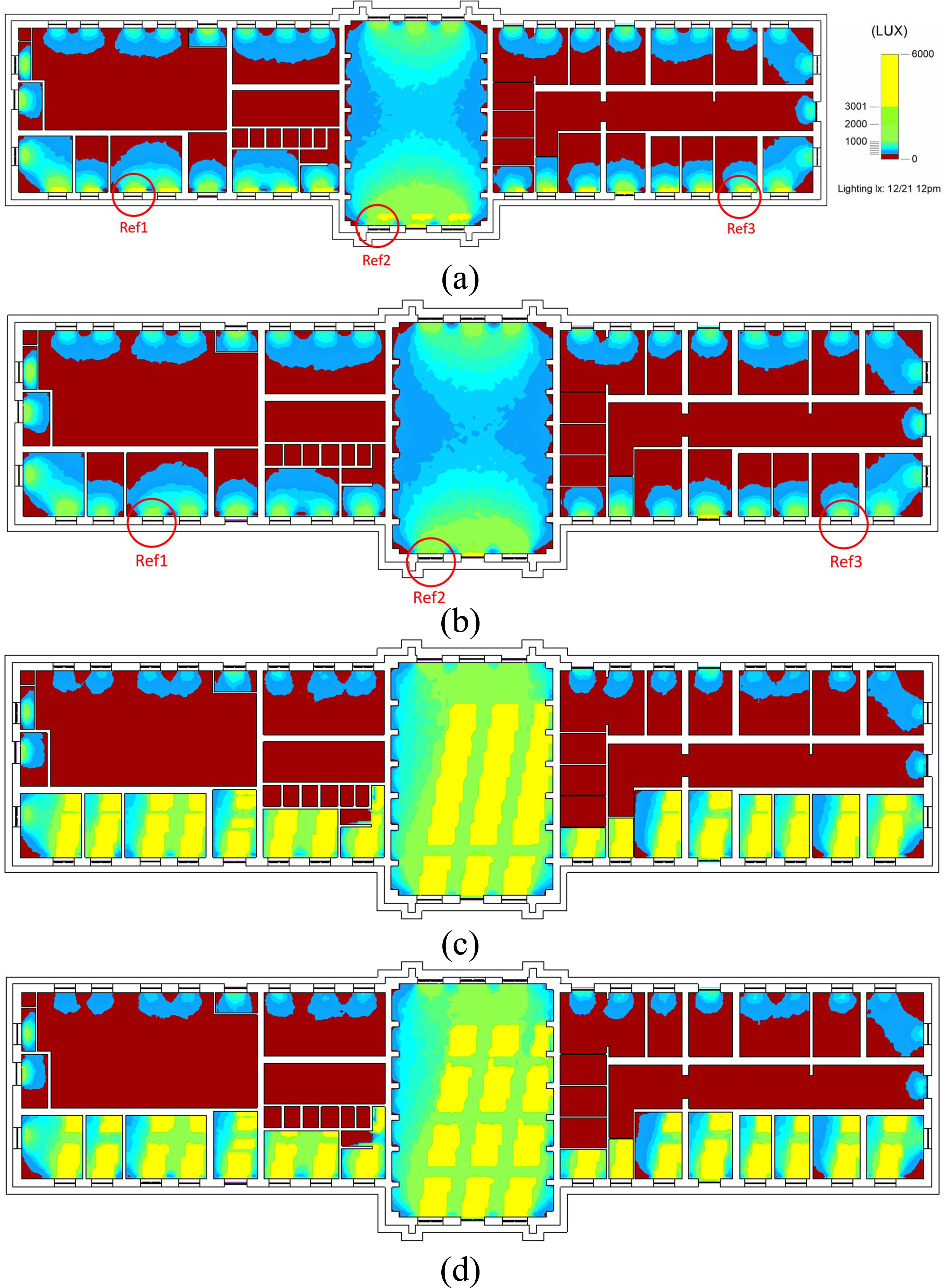 (a) Analysis without Exterior Light Shelf on June 21 (b) Analysis with Exterior Light Shelf on June 21 (c) Analysis without Exterior Light Shelf on December 21 (d) Analysis with Exterior Light Shelf on December 21.