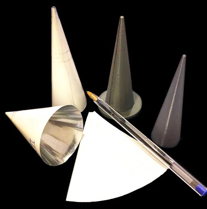 Cone fabrication process – the 3D printed templates, and the respective cones, are shown.