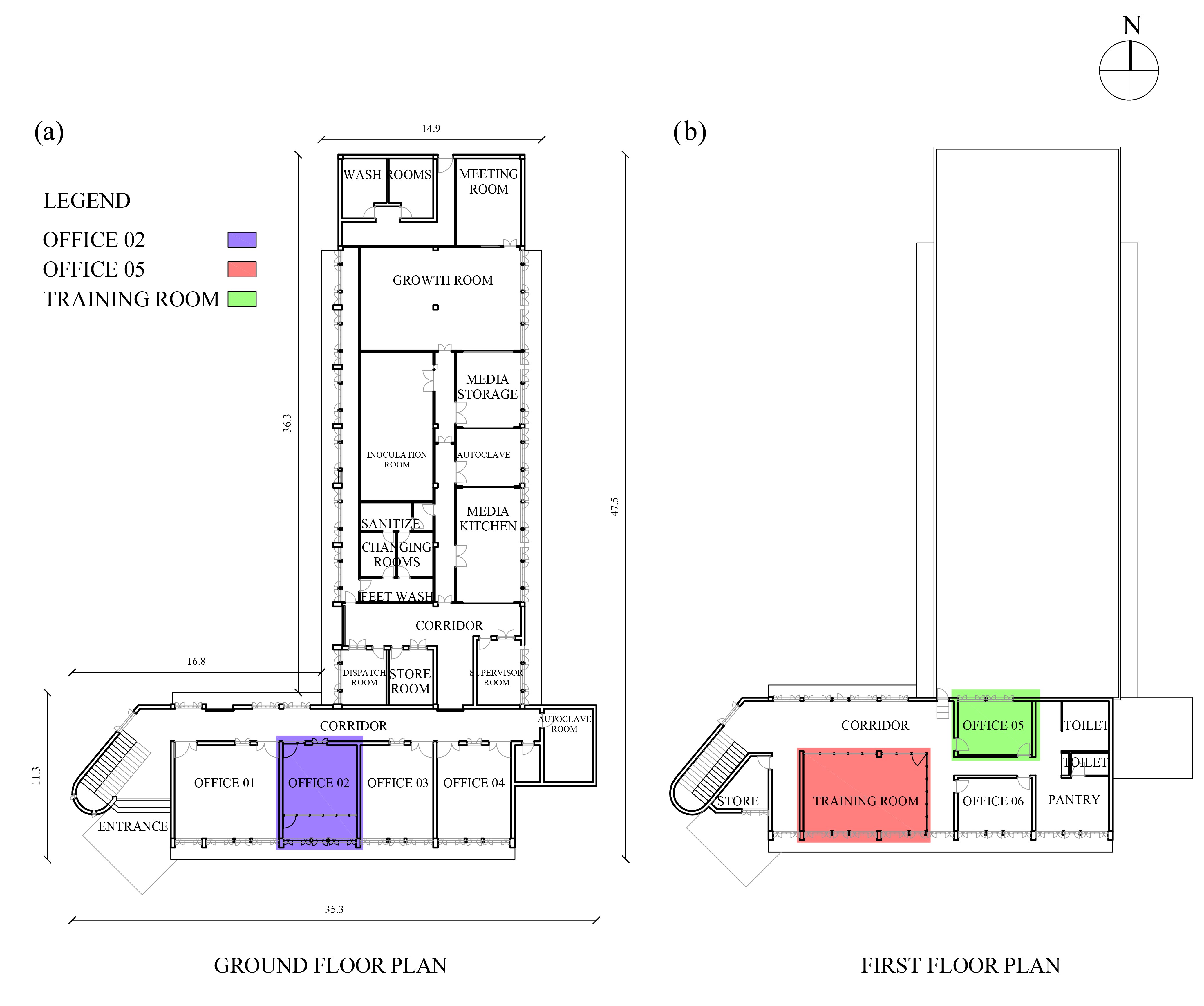 (a) Ground floor plan and (b) First floor plan of the existing Commercial laboratory.