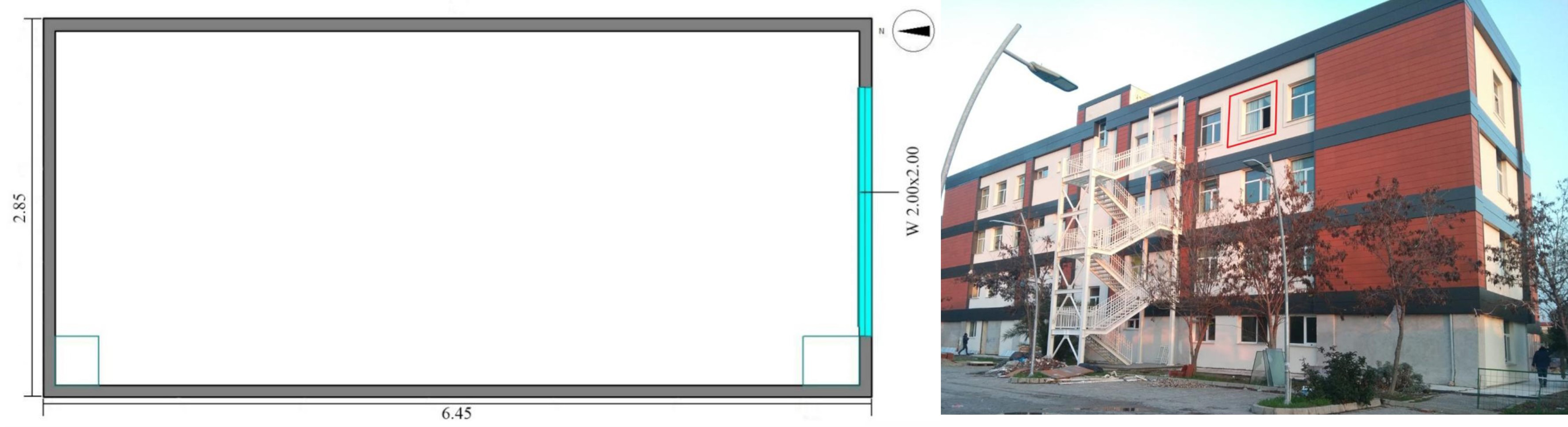 Plan of the room and outside view of the window.