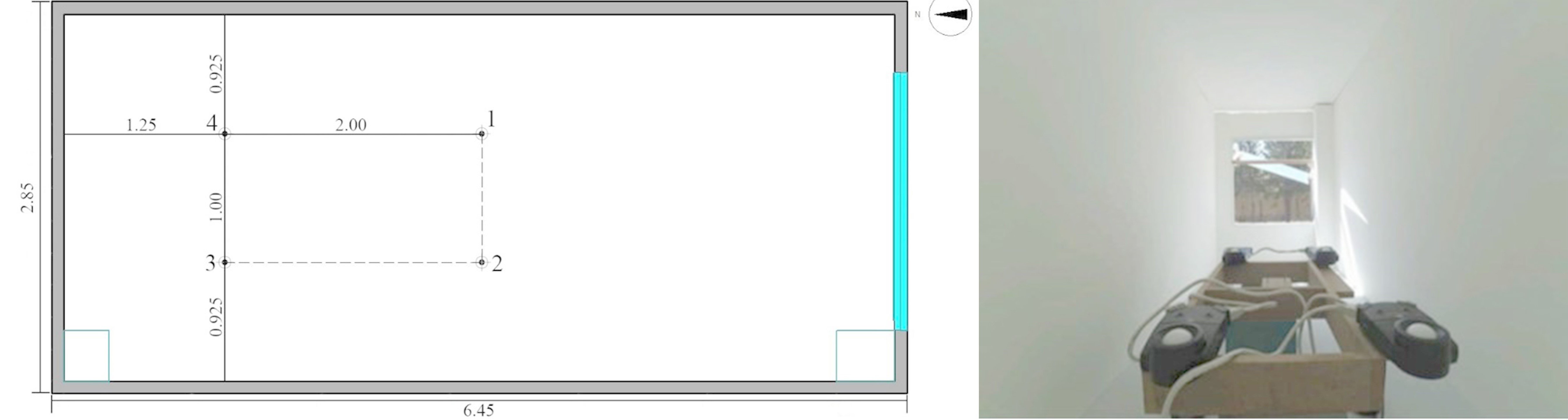 Measurement points on the plan (left side) and inside the room (right side).