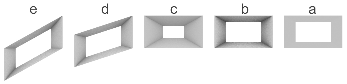 Design module (a. initial module; b. increased depth; c. opening scalability; d and e. downward movement of one edge).