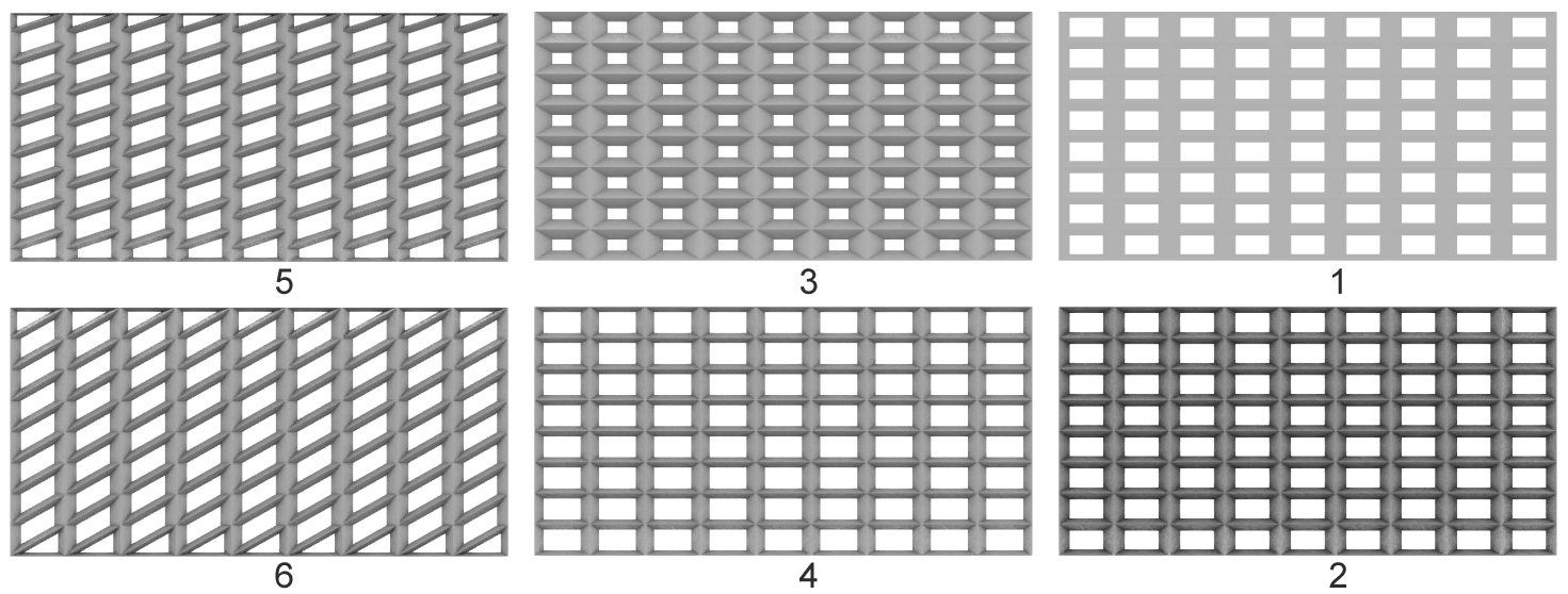 Possible pattern configurations (1. Initial module; 2. increased depth; 3 and 4. opening scalability; 4 and 5. downward movement of one edge).