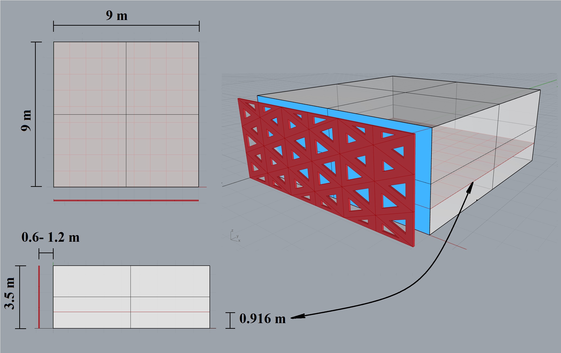 The plan, section, and perspective view of the office space.
