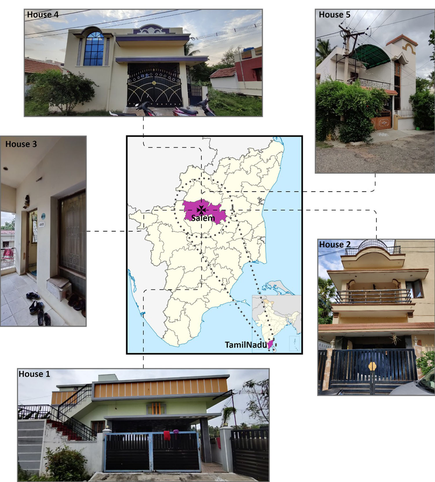 Map showing the geographical location of Salem city in India and investigated residential buildings.