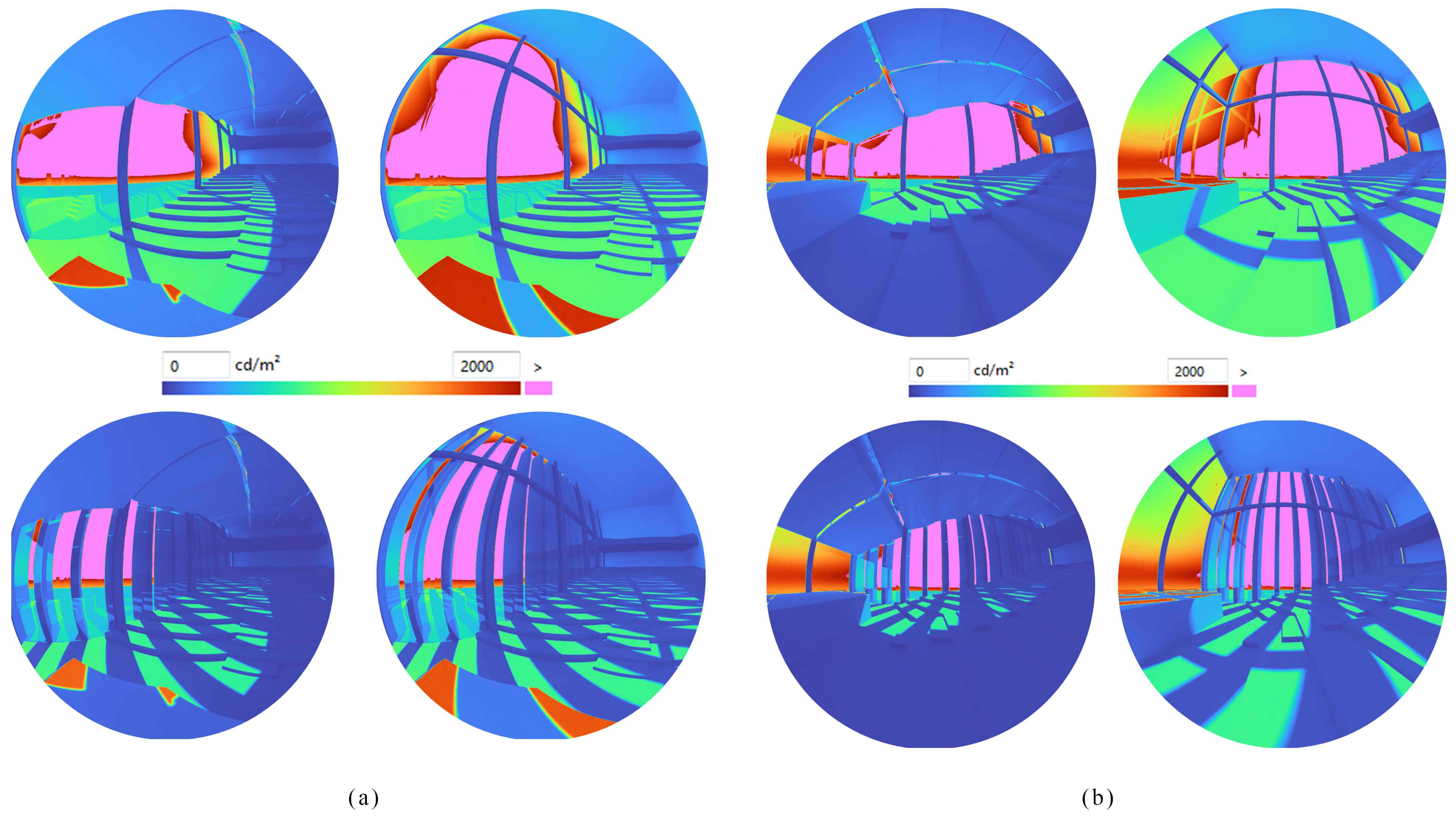 Luminance control, (a) for the direction from stage to audiences, upper (from left to right): S01_SP, S02_MU, below (from left to right): S04_SD-SP, S05_SD-MU, (b) for the direction from audiences to stage, upper (from left to right): S01_SP, S02_MU, below (from left to right): S04_SD-SP, S05_SD-MU.