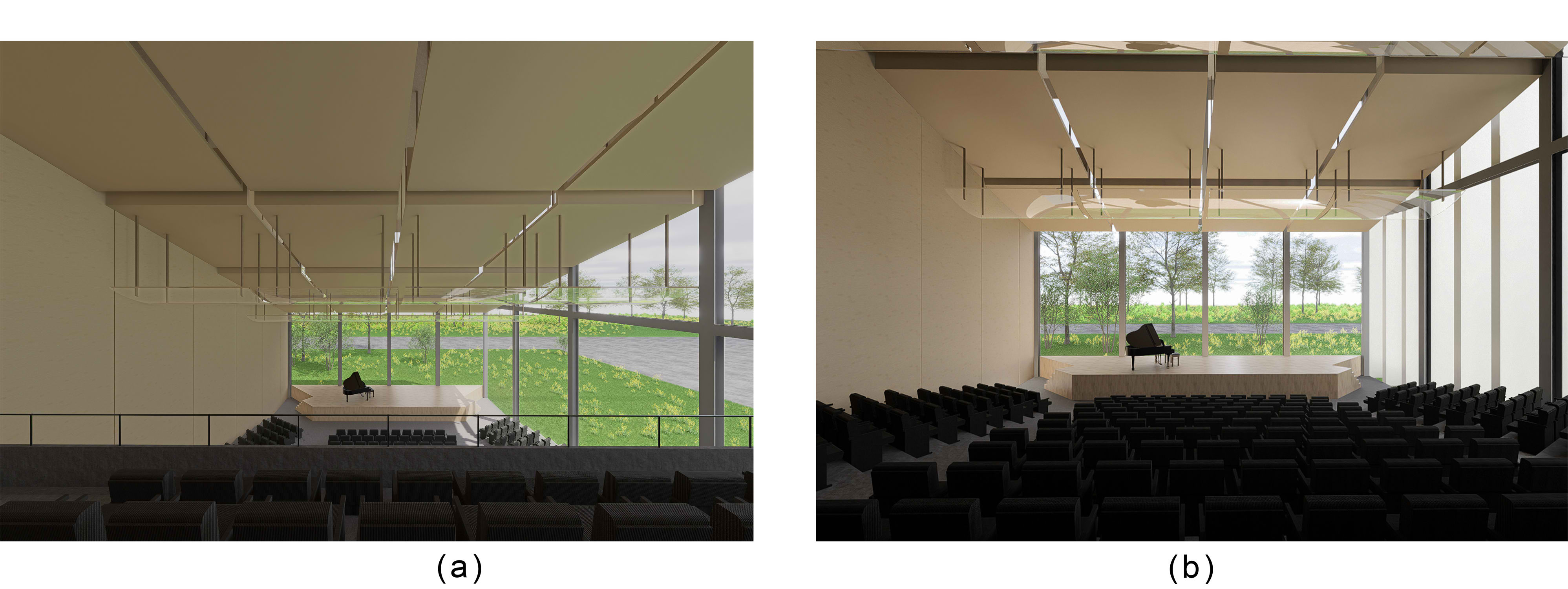 (a) Interior views of the designed multi-purpose hall from the balcony and (b) hall.