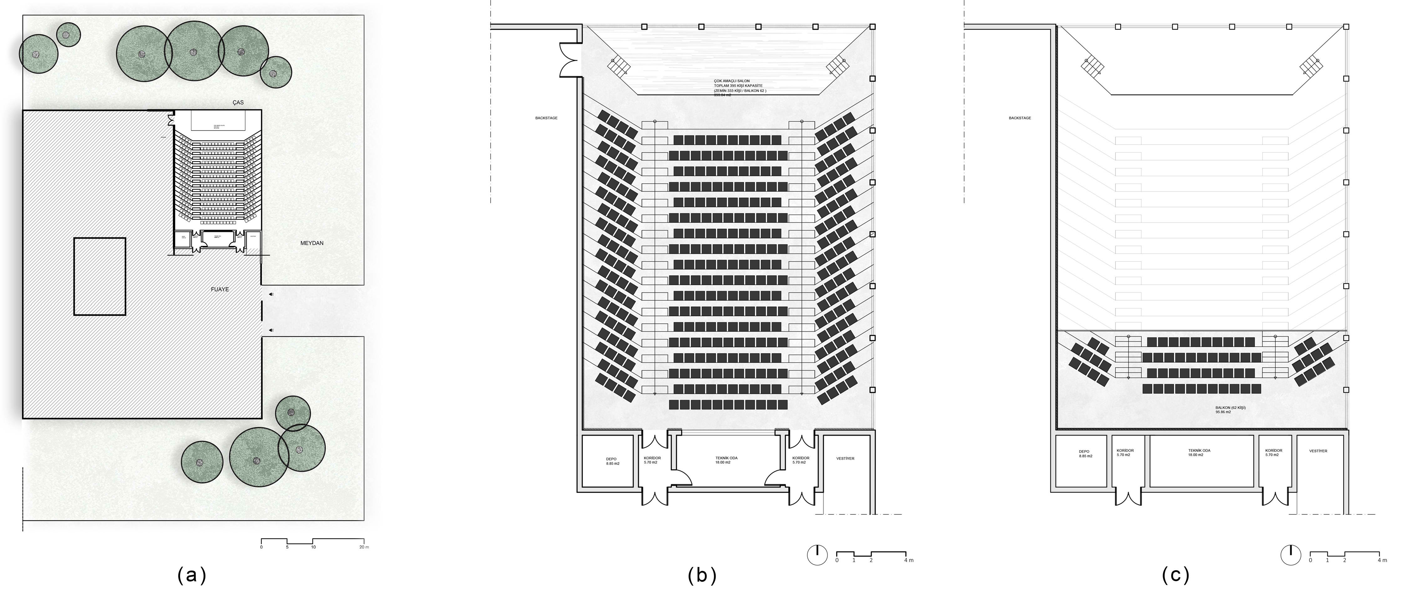 (a) Multi-purpose hall site plan, (b) multi-purpose hall plan, and (c) multi-purpose hall balcony plan.