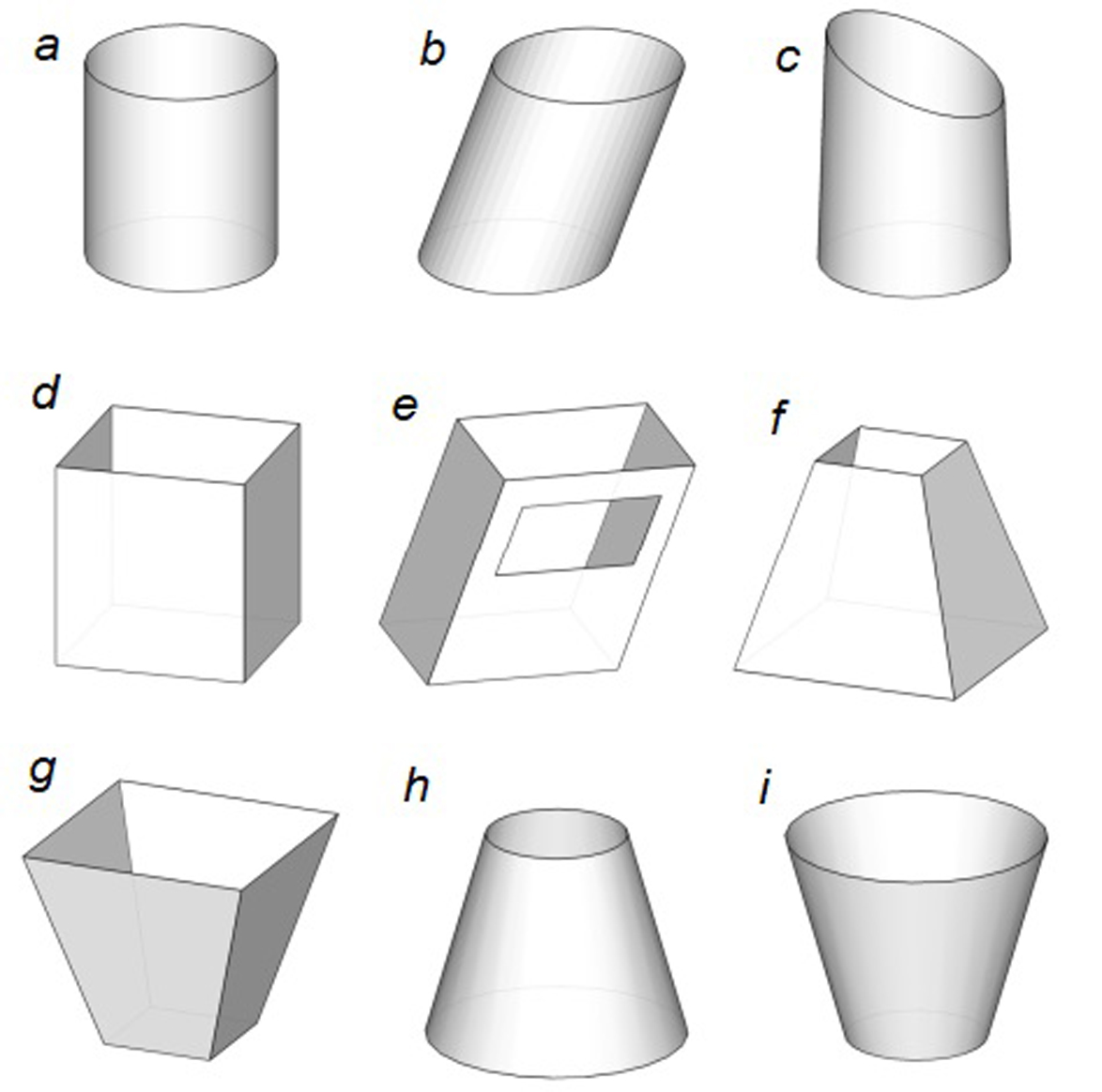 Examples of forms of light shafts which often meet in architectural and construction practice: (a) vertical cylindrical shaft; (b) inclined cylindrical shaft; (c) cylindrical shaft with non-horizontal upper base; (d) parallelepiped shaft; (e) a shaft in the form of an inclined parallelepiped with a rectangular opening; (f) truncated pyramid shaft; (g) a shaft in the form of a truncated pyramid with the top down; (h) a shaft in the form of a truncated circular cone; (i) a shaft in the form of a truncated circular cone with the top down.