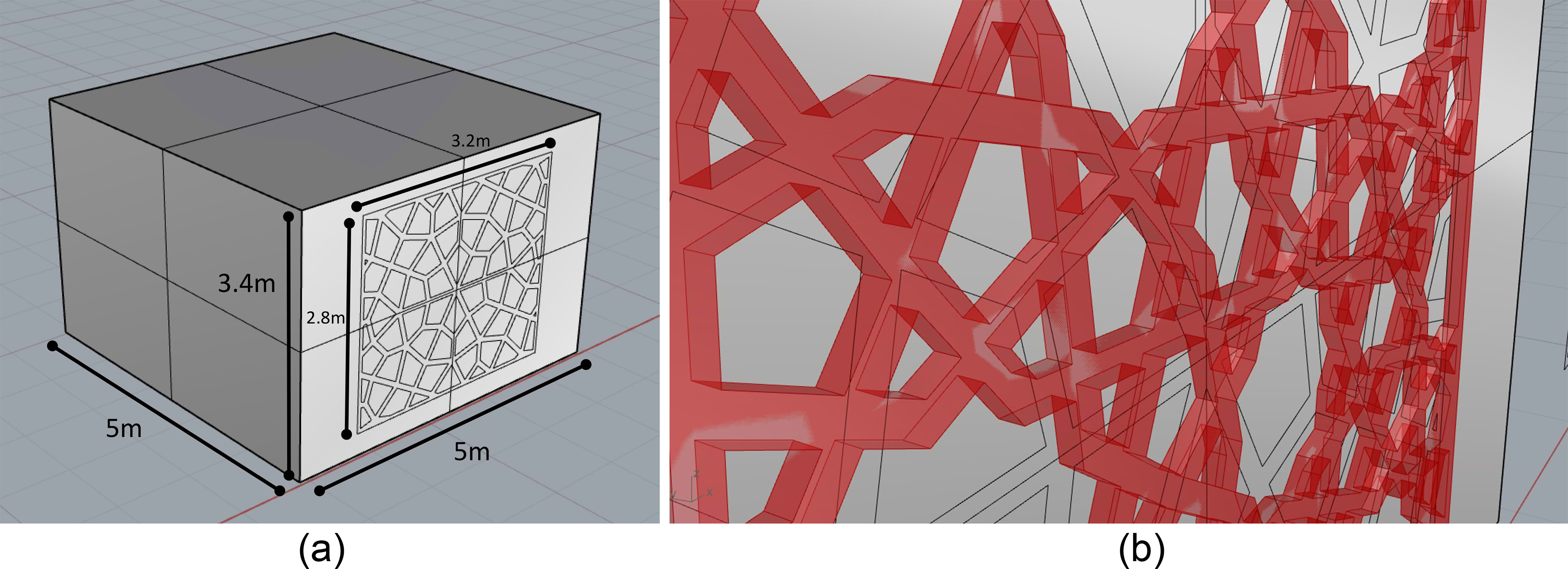 (a) Window and room dimensions of simulation, (b) An example of a knotted frame with a width and depth of 5cm.