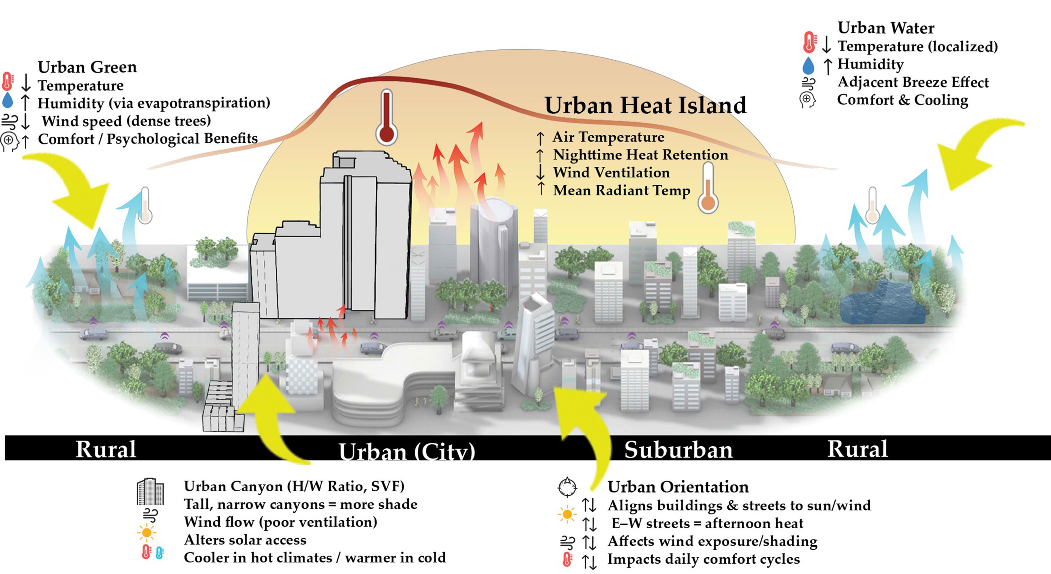 Influence of urban morphology on environmental factors and urban heat island effect.