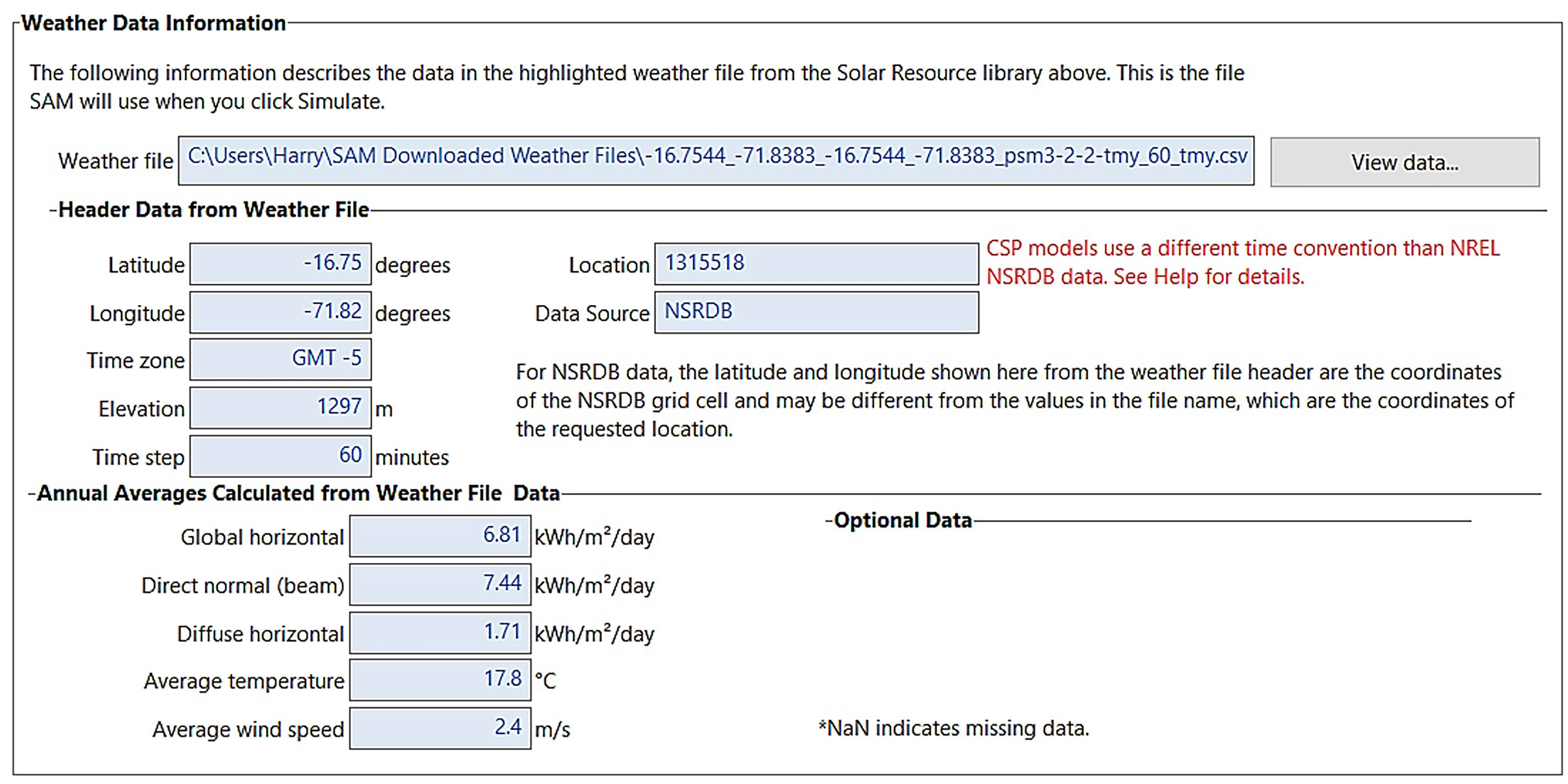 Weather data information exported to SAM.