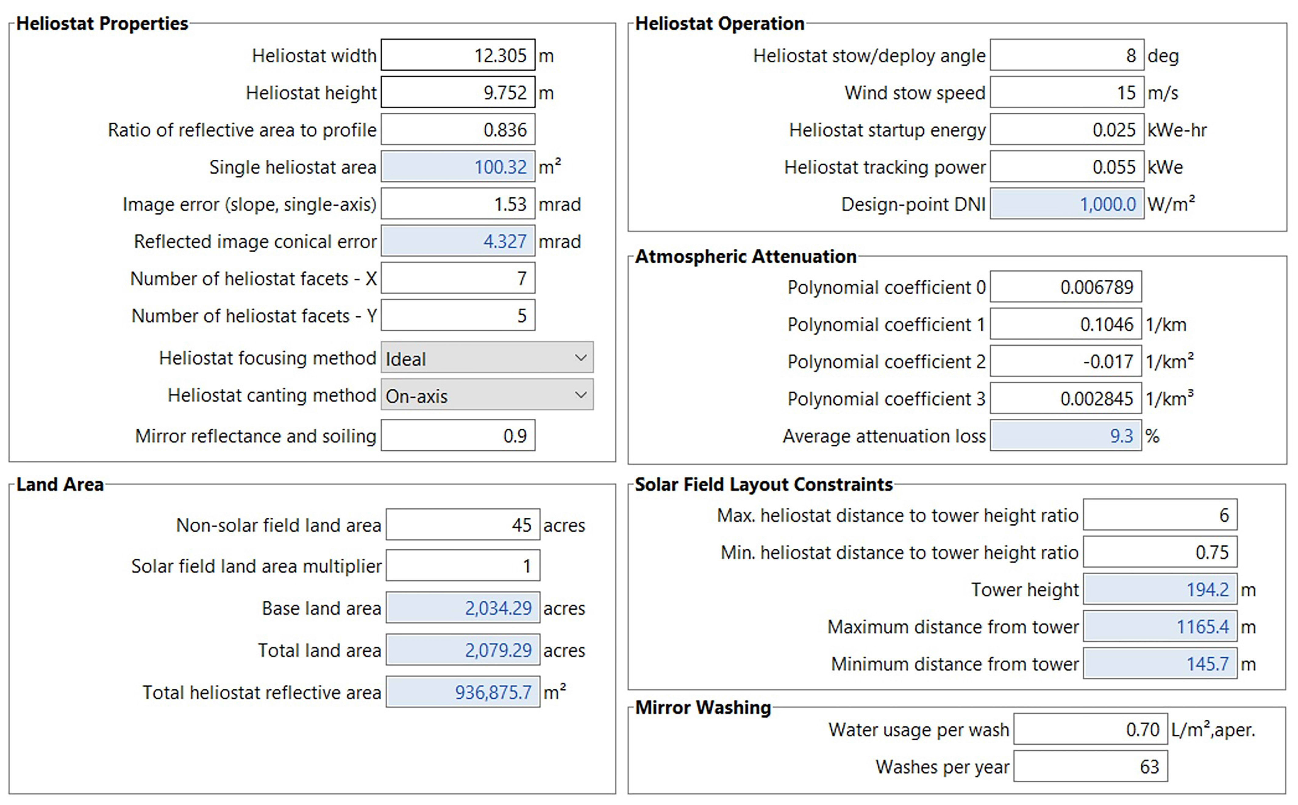 Reference values entered for the heliostat field in SAM.