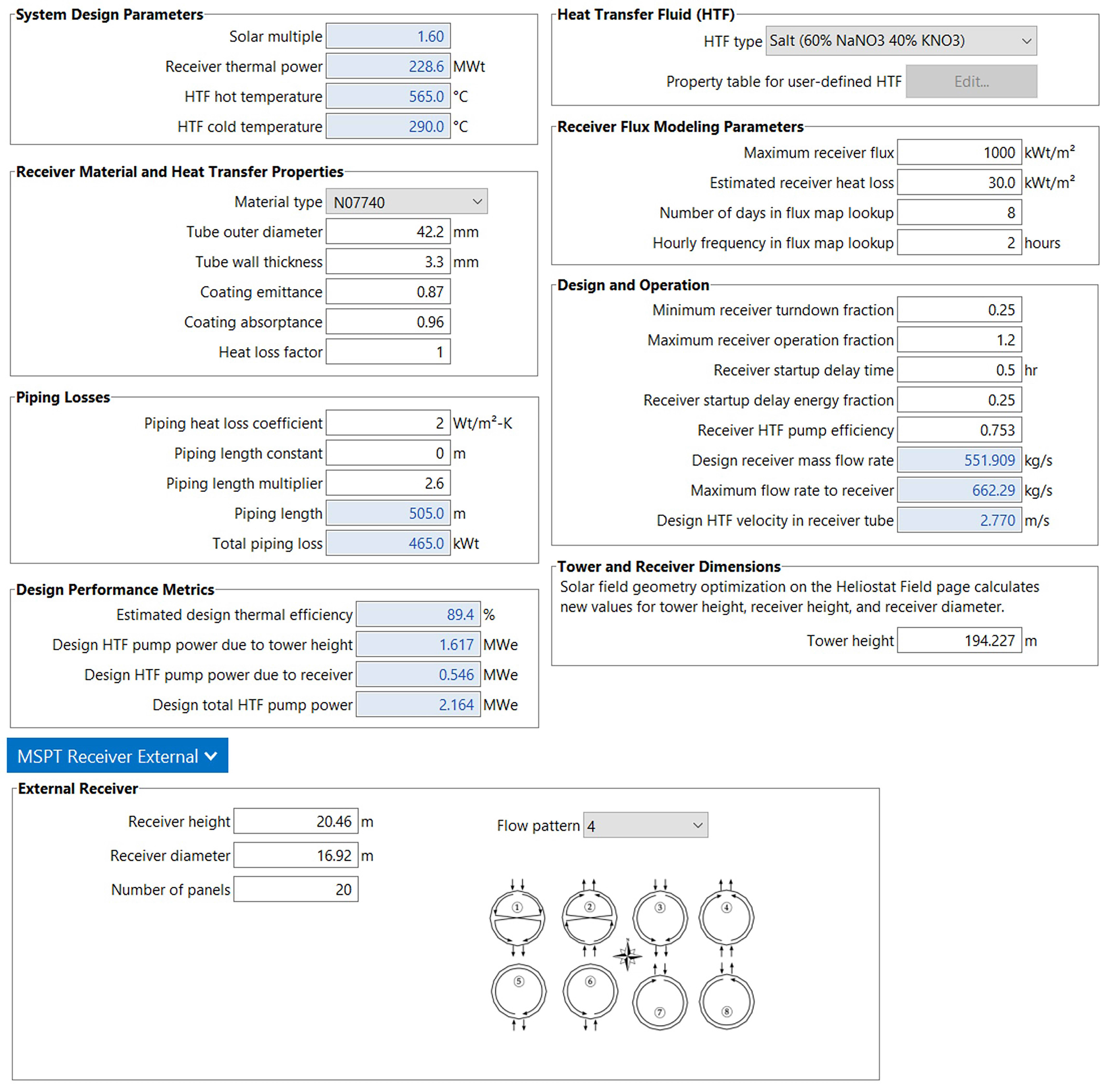 Loaded parameters for the tower and receiver in SAM.