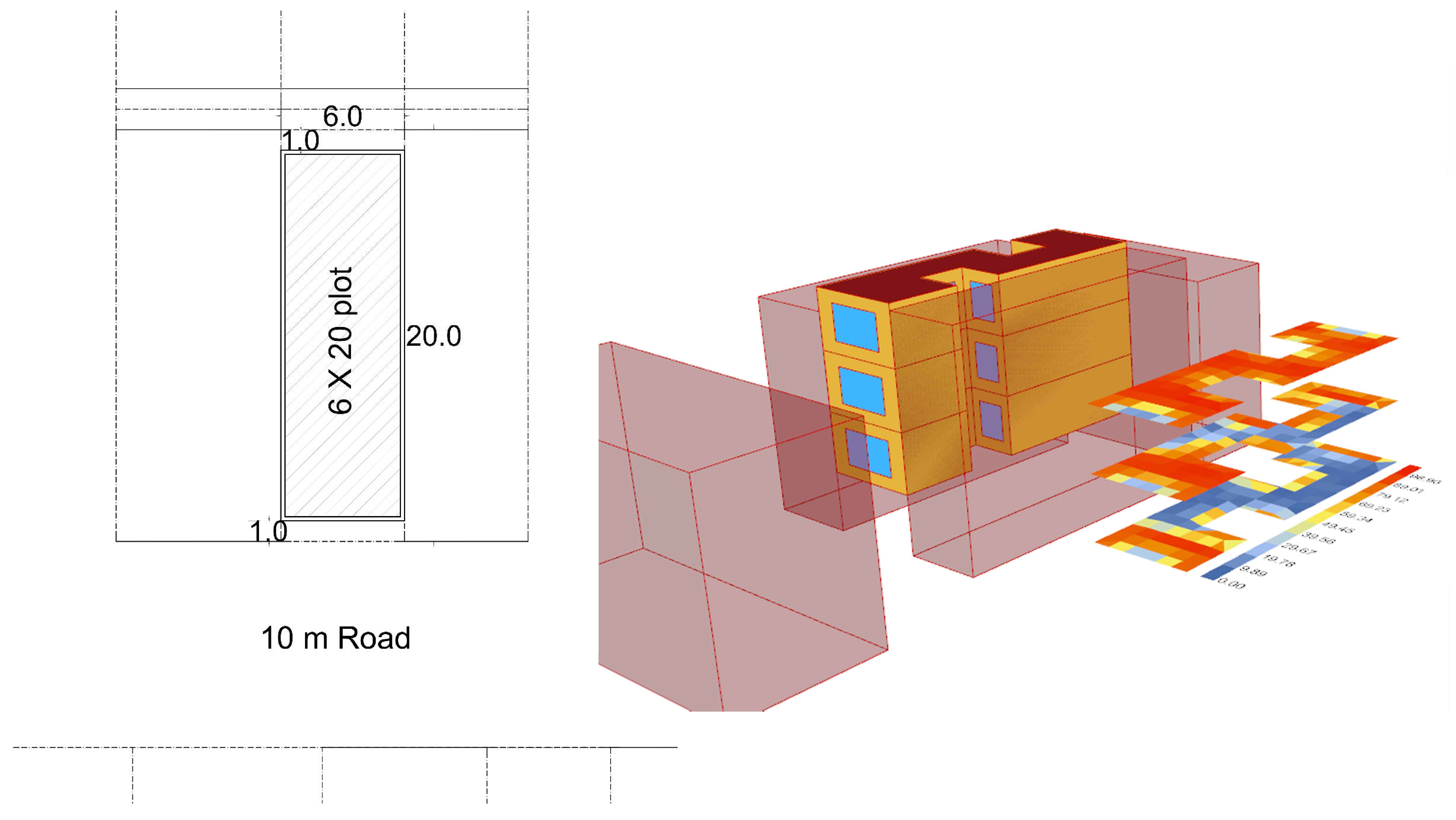 Base case building plan and view of base case UDI results for 3 floors.