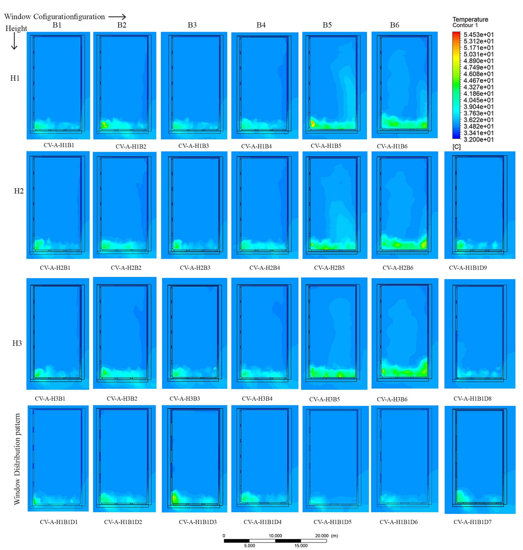 Air Temperature contour plot for cases with Cross ventilation Pattern CV-A.