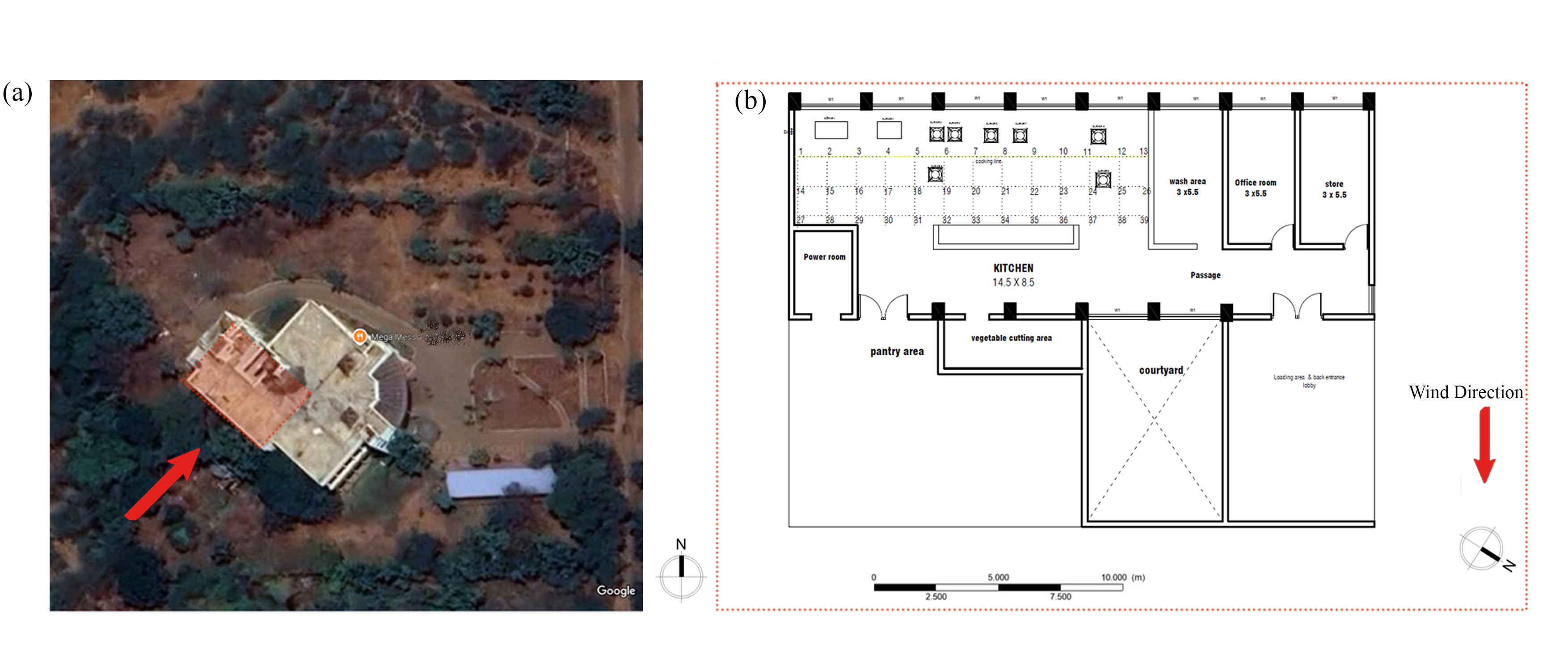 (a) Site plan showing building orientation (Source: Google Earth, Imagery © Google, 2025). (b) Plan of the kitchen- experimental case study.