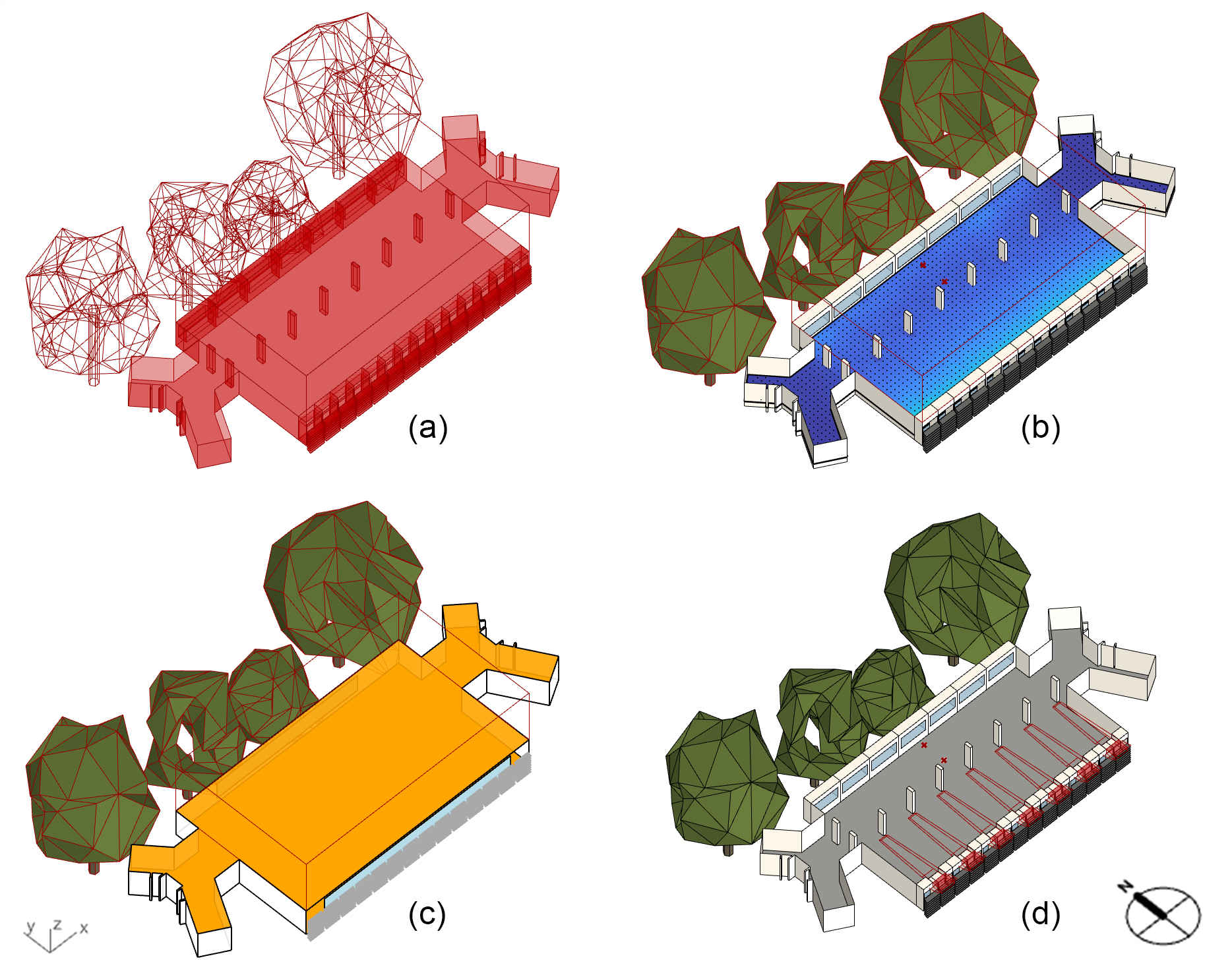 (a) Case building model. (b) Daylight model. (c) Energy model. (d) Parametric model for optimization.