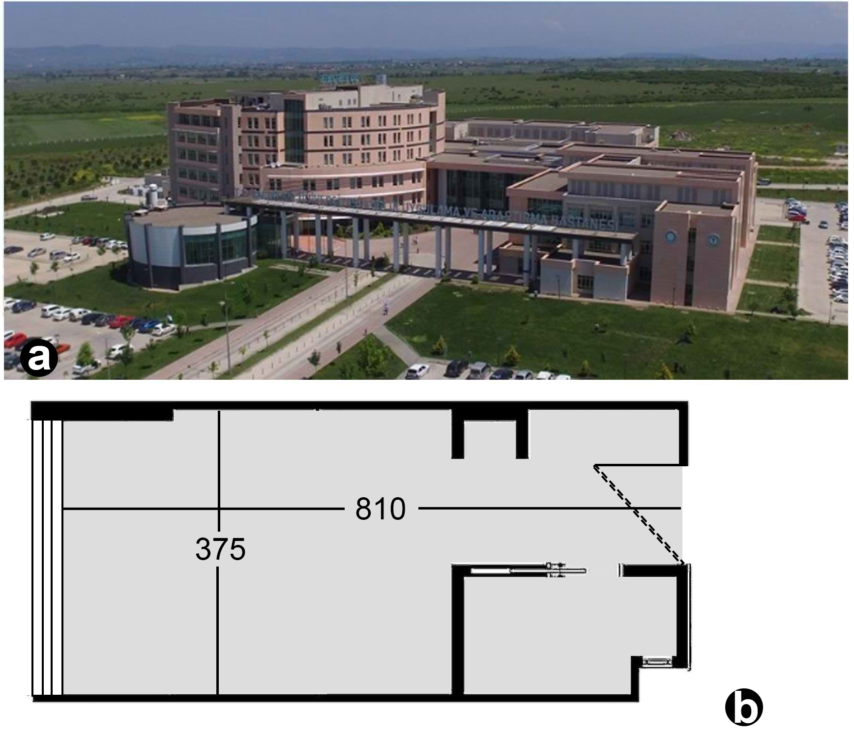 (a) South facade of the Health Facility, (b) plan of the patient room.