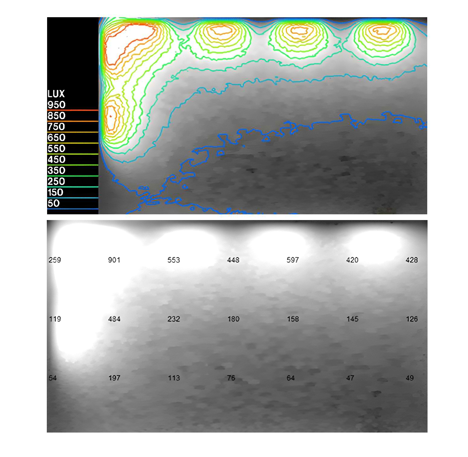 The daylighting simulated data (top) and measured data (bottom) in the classroom on the 14th of January (IESVE; Authors, 2026).
