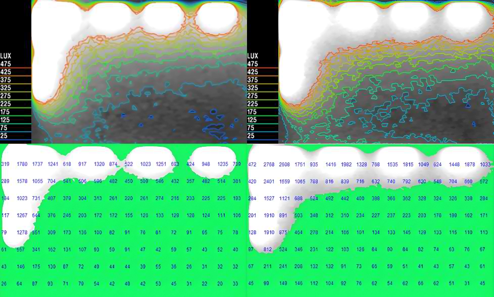 Visual contour lines and lux values on grid points for the existing case classroom in December (left) and June (right) (IESVE; Authors, 2026).