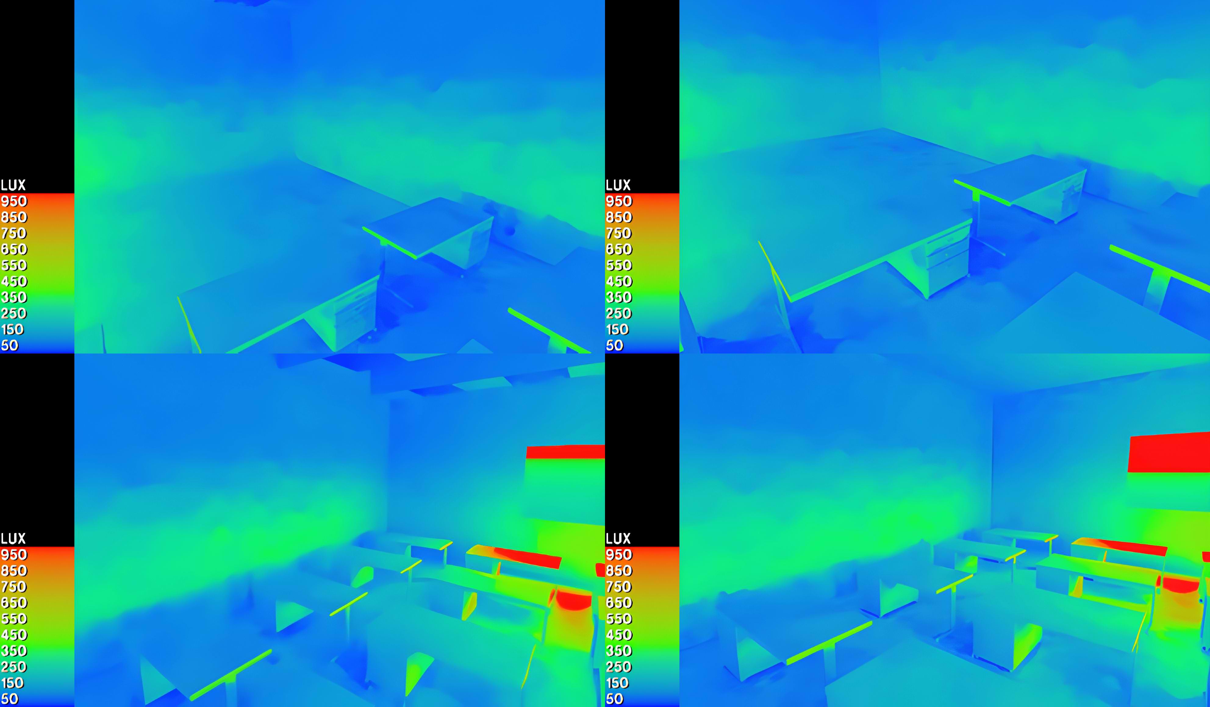 Daylight distribution and glare analysis of June for LD5 scenario (left), and base case (right) on scale of 1000 lux from two perspective positions (IESVE, 2026).