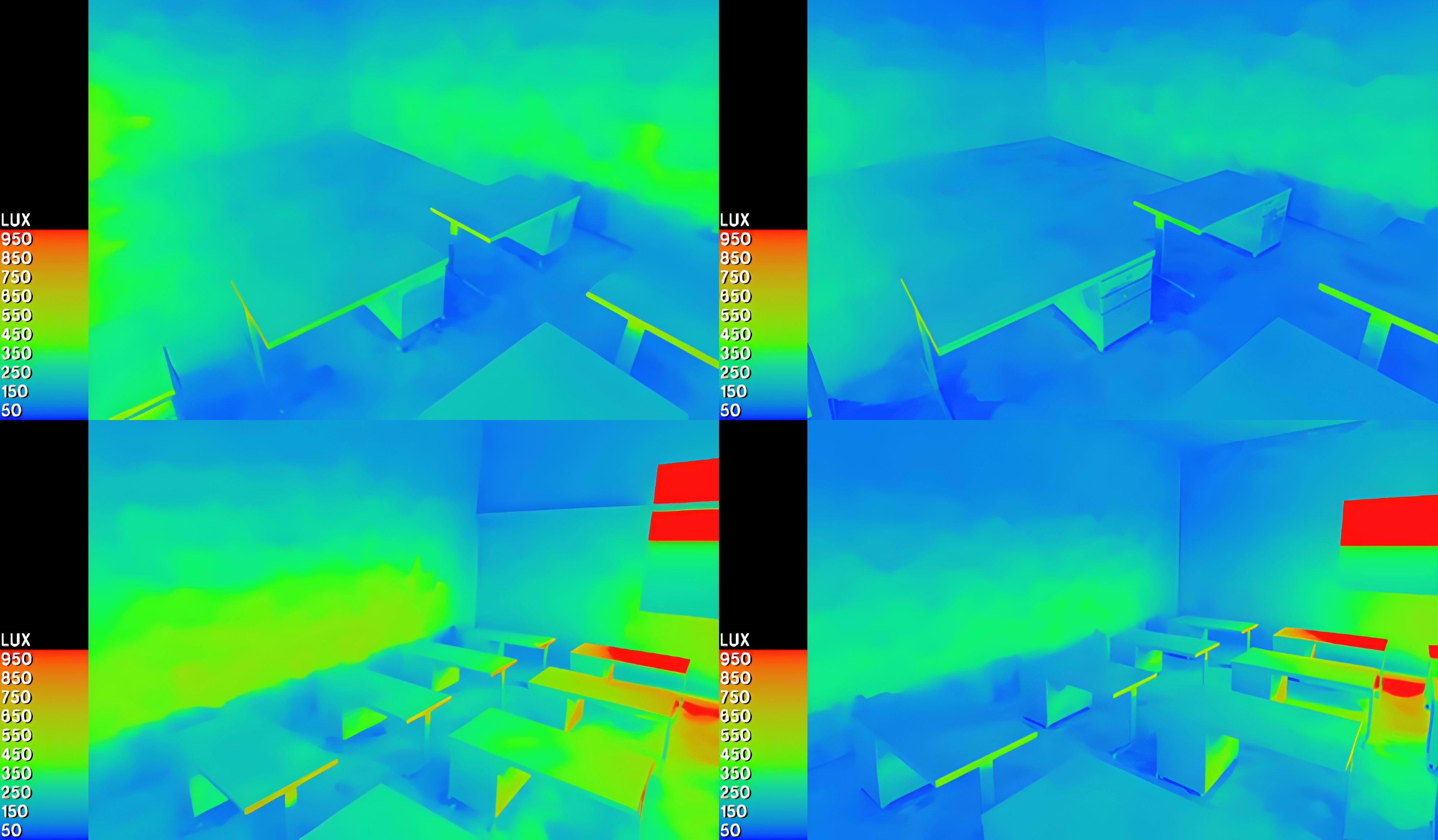 Daylight distribution and glare analysis of June for LSH6 scenario (left) and base case (right) on a scale of 1000 lux from two perspective positions (IESVE, 2026).