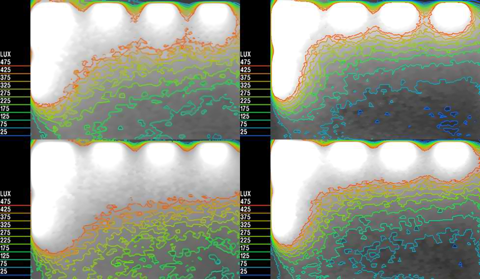 Contour lines and daylight distribution of integrating light ducts and shelves strategies compared to base case in December (top) and June (bottom) (IESVE; Authors, 2026).