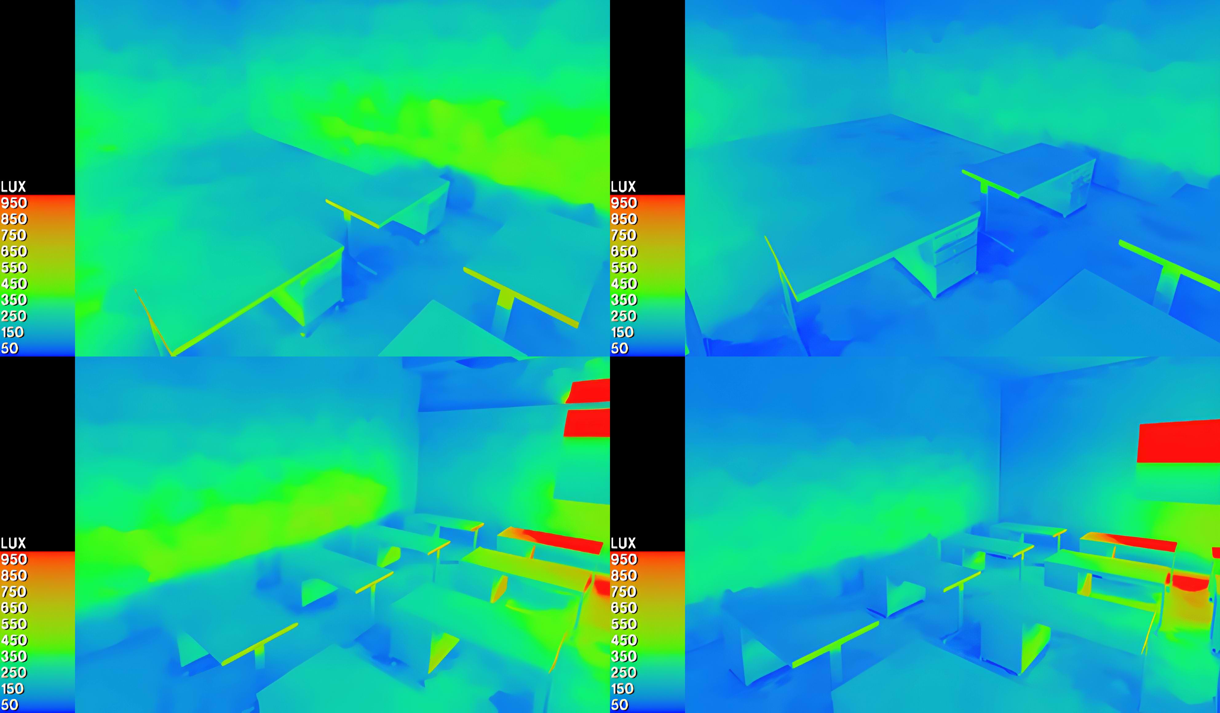 Daylight distribution and glare performance of June for integrating light ducts and shelves strategies (left), and base case (right) on a scale of 1000 lux from two perspective positions (IESVE, 2026).