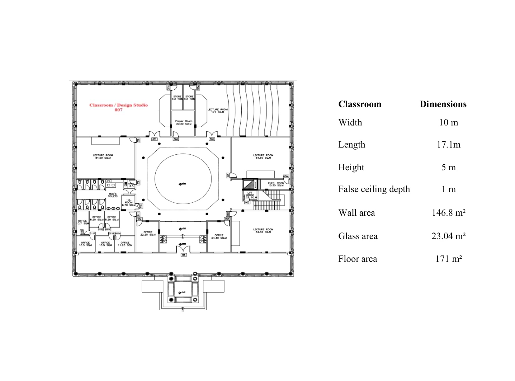 The exiting classroom/design studio (007) location in M8 and the room dimensions (Authors, 2026).