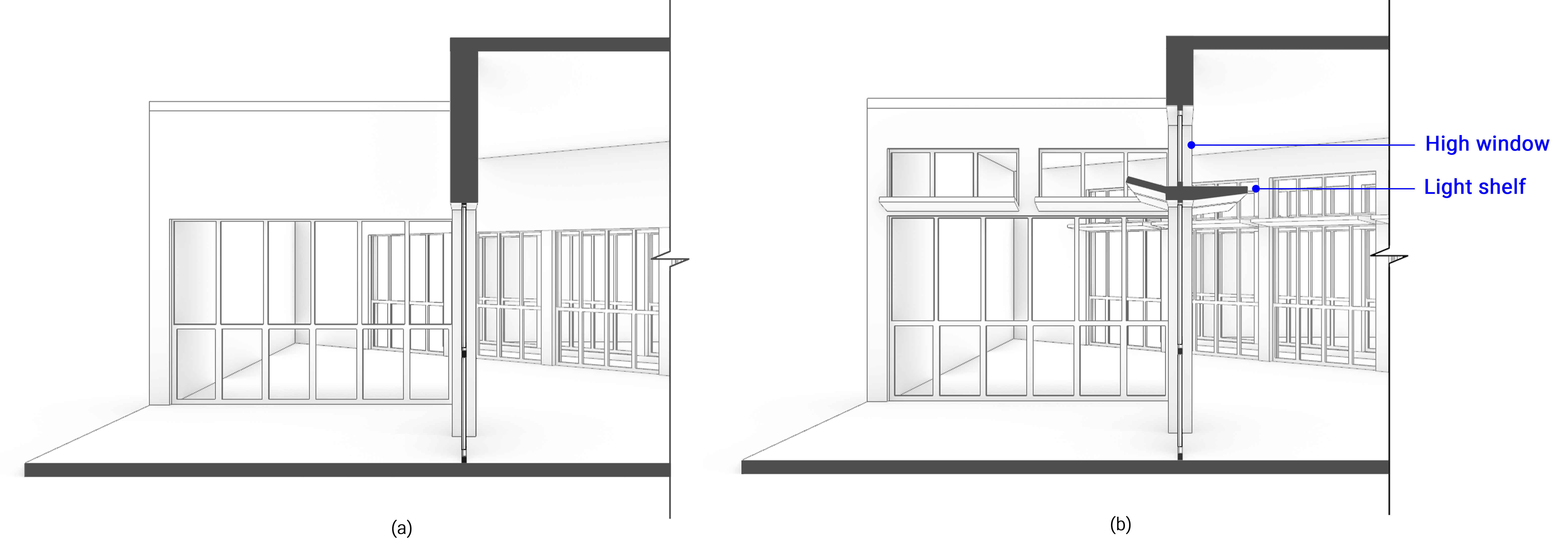 Geometric comparison of the second-stage façade configurations: (a) Selected 45° angled lightwell base model without the high window and light shelf; and (b) Retrofit model incorporating the high-window opening and light shelf.