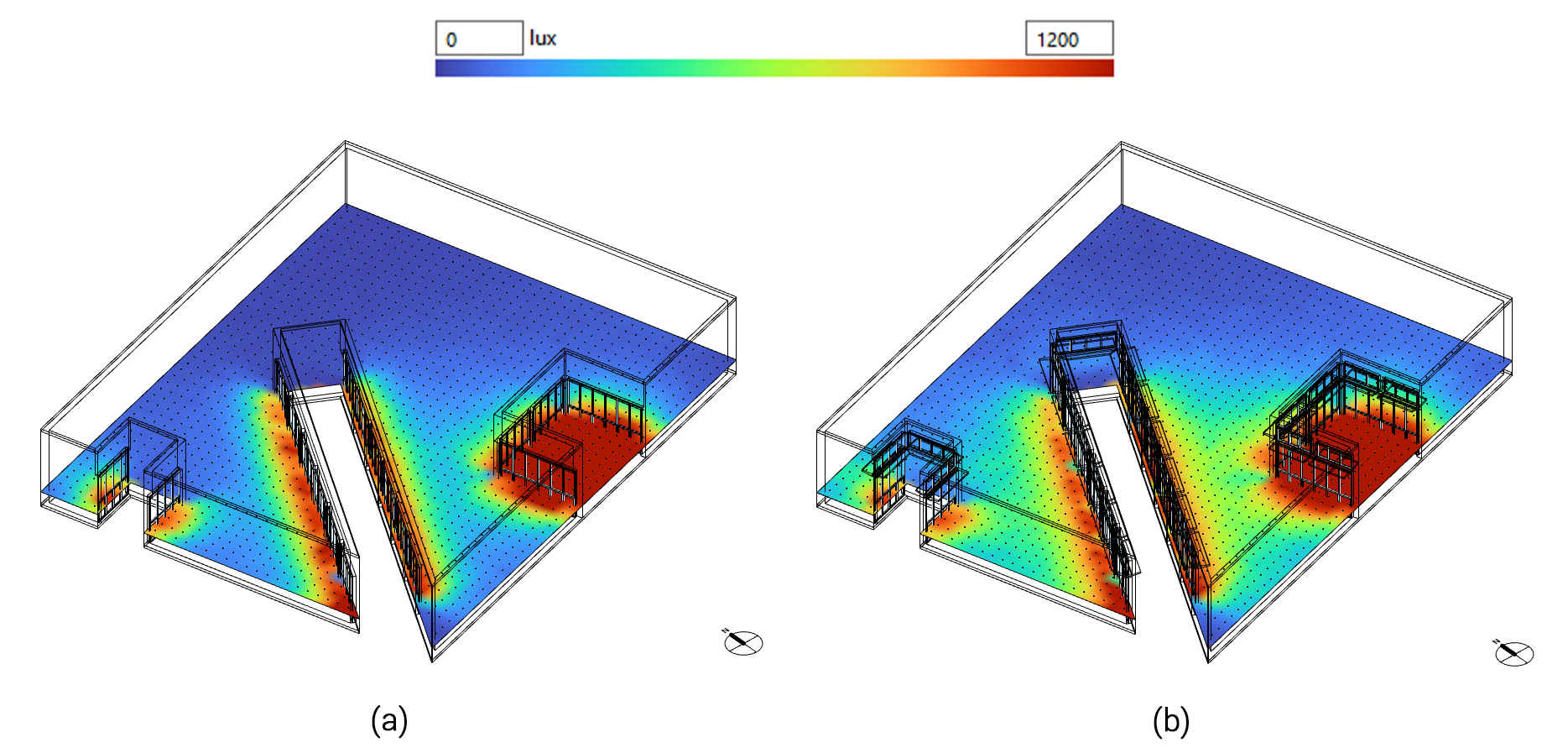 Point-in-time work-plane illuminance distribution at 02:30 PM on 25 June 2025: (a) Selected 45° angled lightwell base model; and (b) Façade-retrofit model with optimized high windows and light shelves. Both panels use the same illuminance scale in lux.
