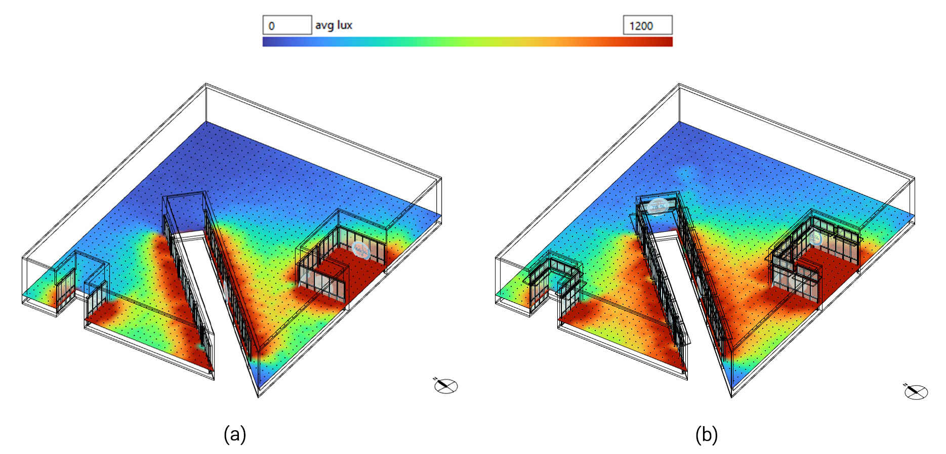 Annual average work-plane illuminance distribution: (a) Selected 45° angled lightwell base model; and (b) Façade-retrofit model with optimized high windows and light shelves. Both panels use the same illuminance scale in lux.