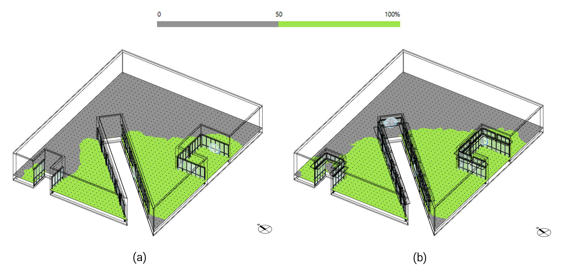 Spatial daylight autonomy (sDA300/50%) comparison: (a) Selected 45° angled lightwell base model; and (b) Façade-retrofit model.