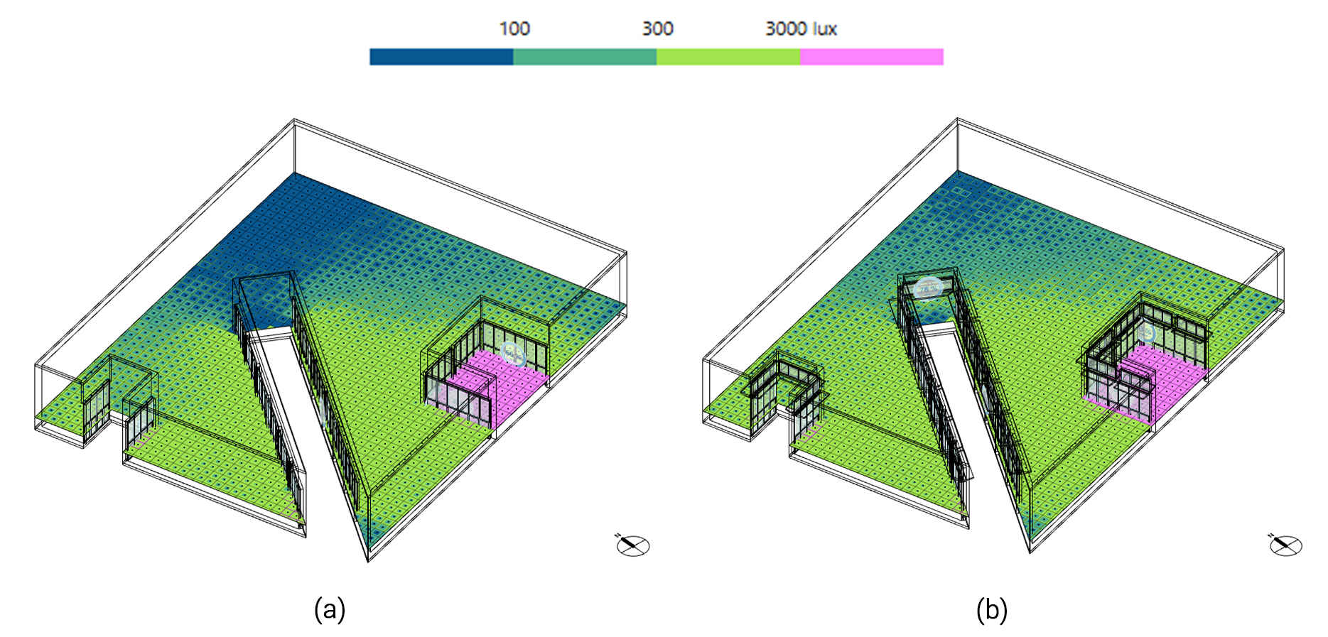 Annual sunlight exposure (ASE1000,250h) comparison: (a) Selected 45° lightwell base model; and (b) Façade-retrofit model. The highlighted floor area exceeds the ASE1000,250h criterion.