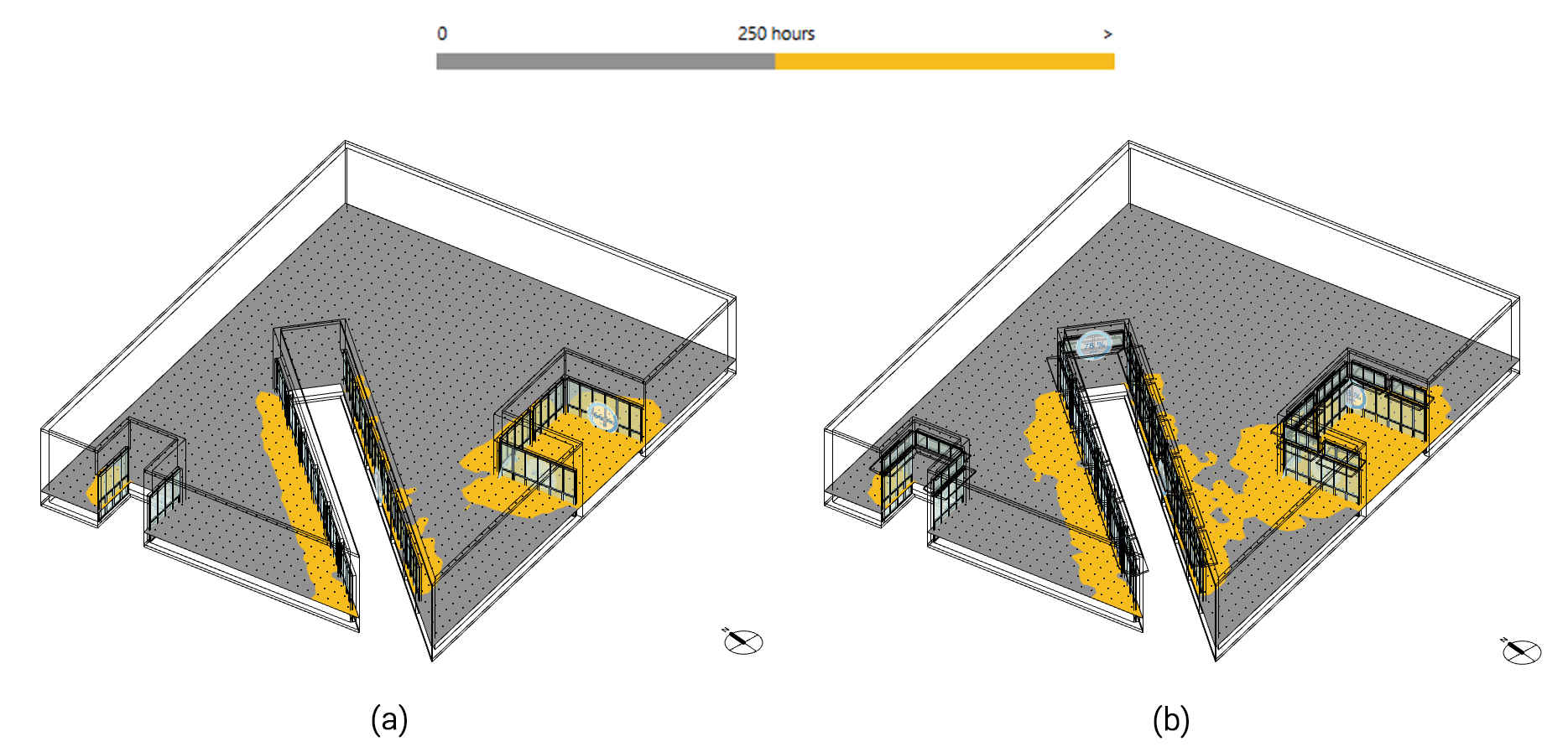 Useful daylight illuminance (UDI) comparison: (a) Selected 45° lightwell base model; and (b) Façade-retrofit model. The color scale identifies the illuminance categories used in the UDI analysis.