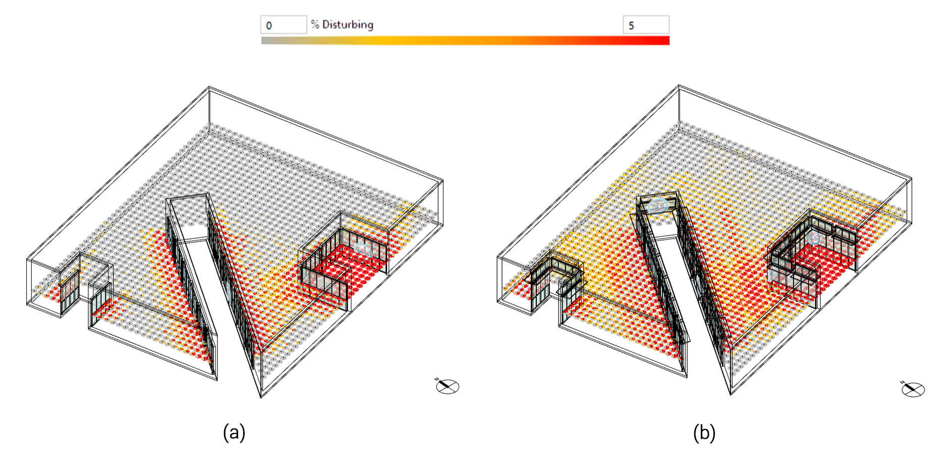 Annual disturbing-glare (sDG) frequency comparison: (a) Selected 45° lightwell base model; and (b) Façade-retrofit model. The color scale represents the percentage of occupied hours classified as disturbing or intolerable glare for each evaluated view direction.