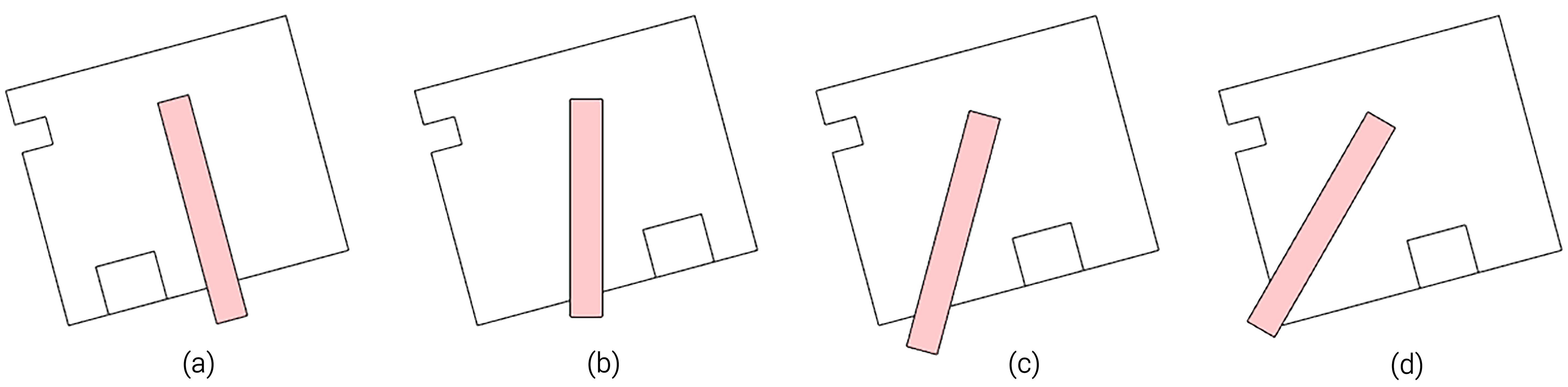 Schematic explanation of the lightwell-angle simulation: (a) 0° lightwell cut; (b) 15° lightwell cut; (c) 30° lightwell cut; and (d) 45° lightwell cut.