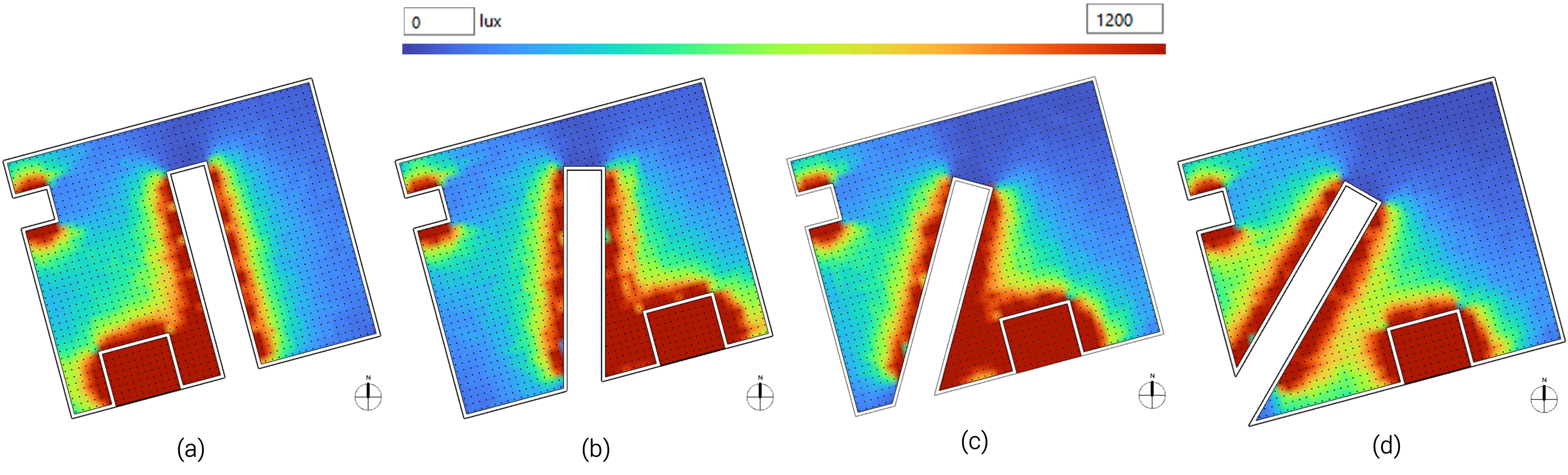 Annual daylight-distribution comparison for the four tested lightwell-placement angles: (a) Test model 01 (lightwell angle 0°); (b) Test model 02 (lightwell angle 15°); (c) Test model 03 (lightwell angle 30°); and (d) Test model 04 (lightwell angle 45°), in test models.